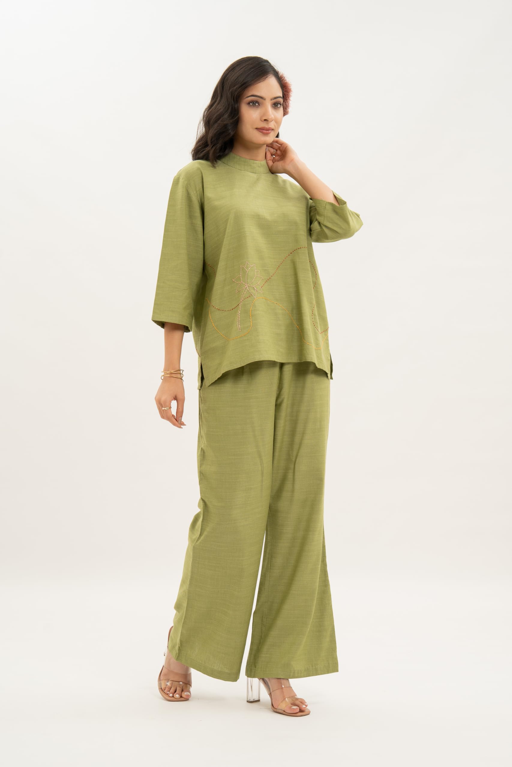 MIORAH Co-ord Set for Women & Girls, Slub Cotton Co- Ord Set with Closed Neck for Women’s, Regular Fit with Hand Embroidery and 3/4th Sleeve (Colour- Pista Green, Size- M) - Image 2