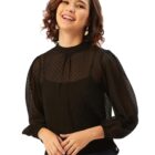 Anvi Be Yourself Women's Stylish Solid Black Round Neck 3/4 Sleeve Casual Semi Sheer Chiffon Regular Top || Women Mandarin Neck Regular Fit Transparent Top || Western Style Puff Sleeve Tops for Women