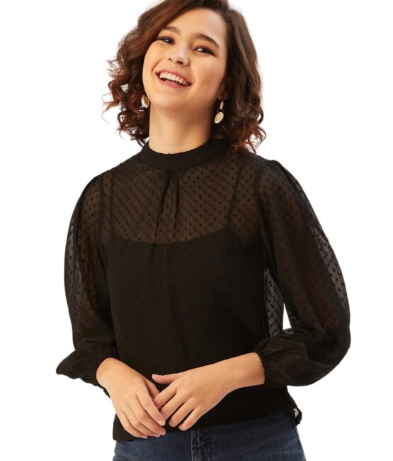 Anvi Be Yourself Women's Stylish Solid Black Round Neck 3/4 Sleeve Casual Semi Sheer Chiffon Regular Top || Women Mandarin Neck Regular Fit Transparent Top || Western Style Puff Sleeve Tops for Women