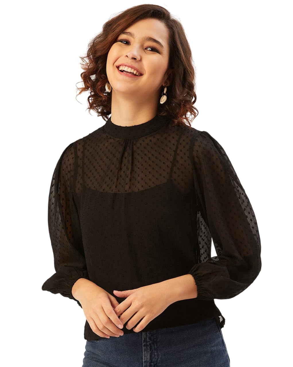 Anvi Be Yourself Women's Stylish Solid Black Round Neck 3/4 Sleeve Casual Semi Sheer Chiffon Regular Top || Women Mandarin Neck Regular Fit Transparent Top || Western Style Puff Sleeve Tops for Women