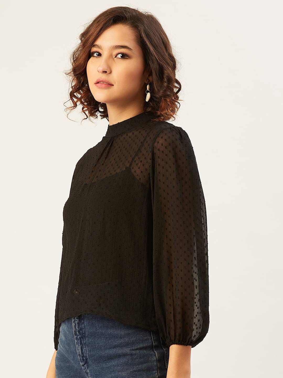 Anvi Be Yourself Women's Stylish Solid Black Round Neck 3/4 Sleeve Casual Semi Sheer Chiffon Regular Top || Women Mandarin Neck Regular Fit Transparent Top || Western Style Puff Sleeve Tops for Women - Image 4