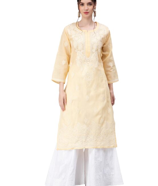 Seva Chikan Hand Embroidered Lucknowi Chikankari Beige Cotton Kurta Kurti for Women (4318_Beige_M)