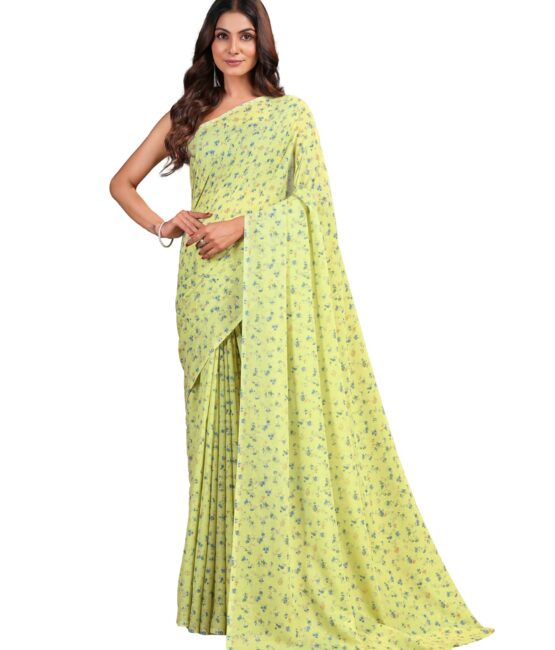 Garden Vareli Floral Print Chiffon Saree 86600 - Lime Green
