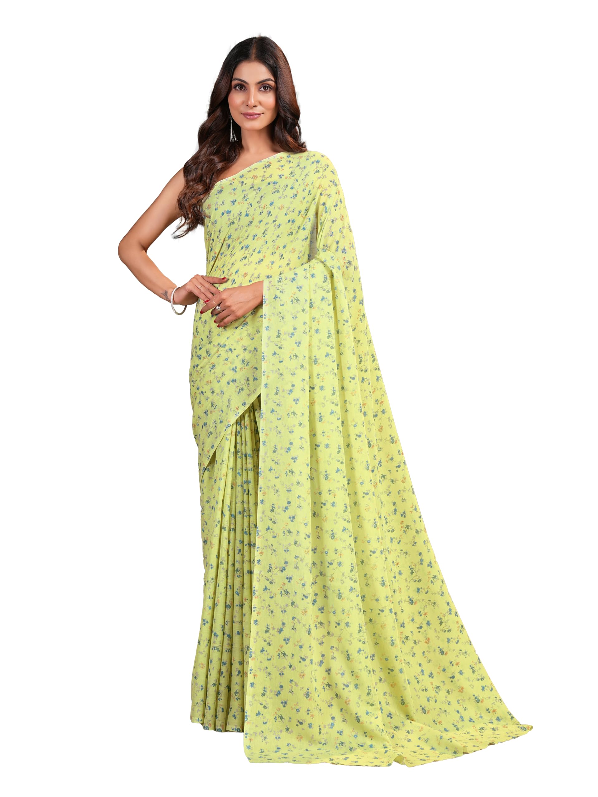 Garden Vareli Floral Print Chiffon Saree 86600 - Lime Green