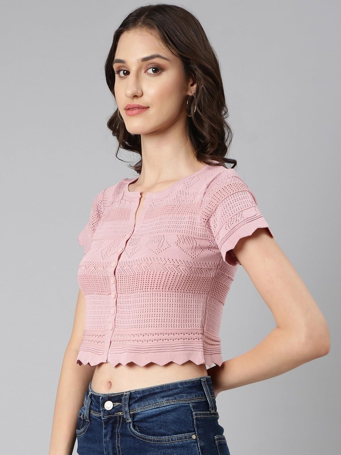 ICW Women's Knit-Rib Acrylic Short-Sleeve Hollow Out Button-Up Crop Top T-Shirt for Girls Dn203 - Image 5