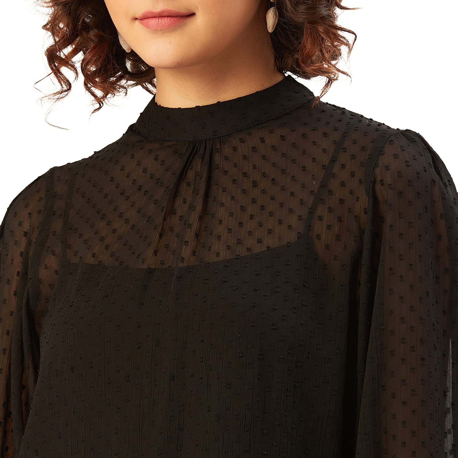 Anvi Be Yourself Women's Stylish Solid Black Round Neck 3/4 Sleeve Casual Semi Sheer Chiffon Regular Top || Women Mandarin Neck Regular Fit Transparent Top || Western Style Puff Sleeve Tops for Women - Image 3