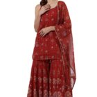 W Red Floral Printed Straight Kurta, Sharara Pant & Dupatta for Women (Size: XL)-24AUWS12588-125772