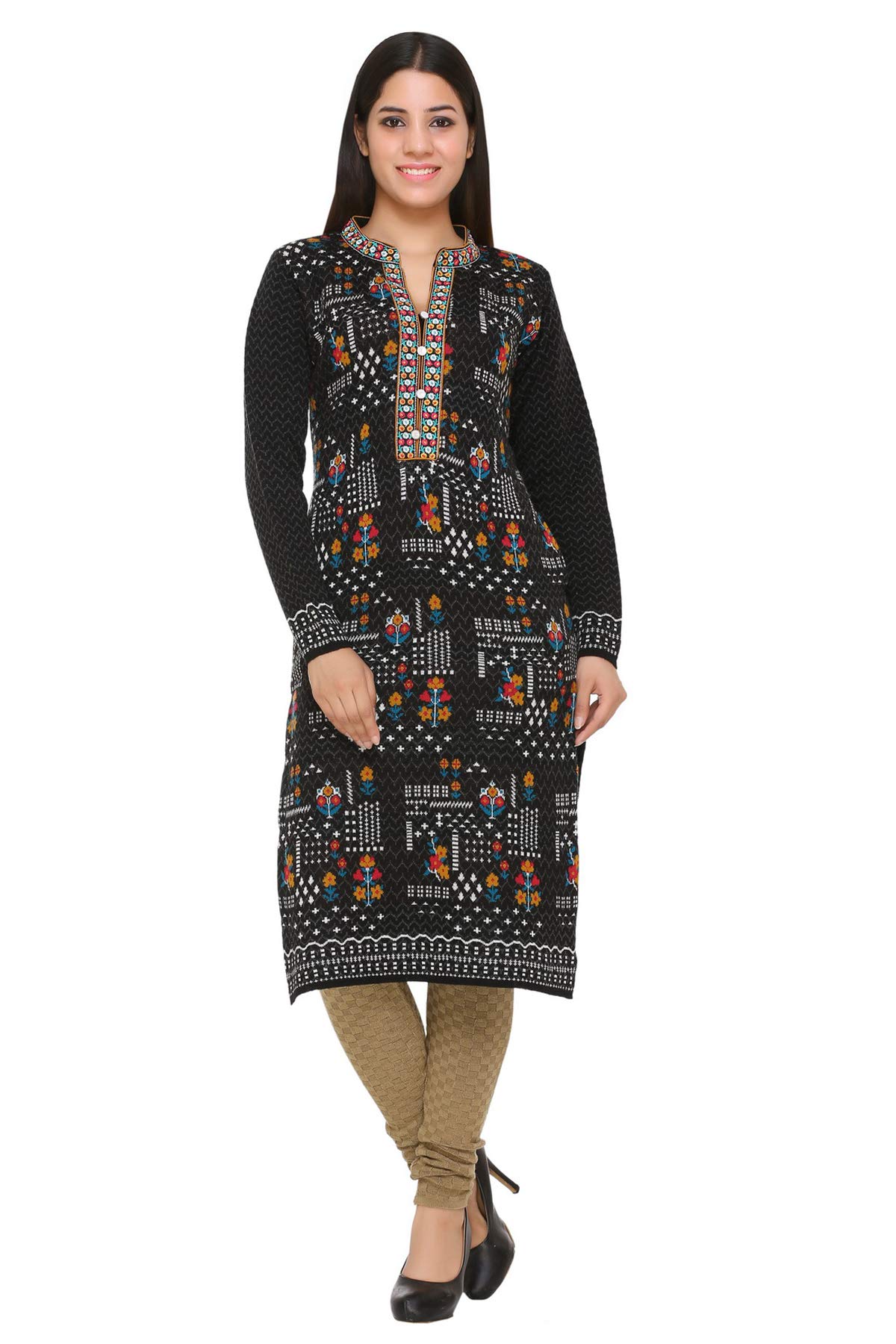 aarbee Women's Woollen Knee Length Floral Knitted Regular Fit Kurti (Medium, Black)