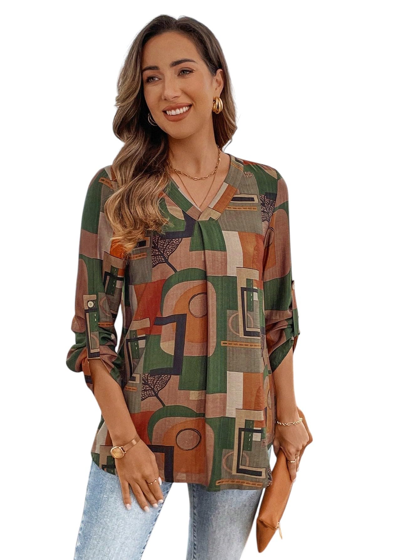 Classy Fashion Casual V-Neck Colorblock Patchwork Top/Tunic for Women & Girls | Geometric Pattern | Soft & Breathable Rayon Fabric | Stylish & Lightweight | Loose Fit (Multicolor, S)