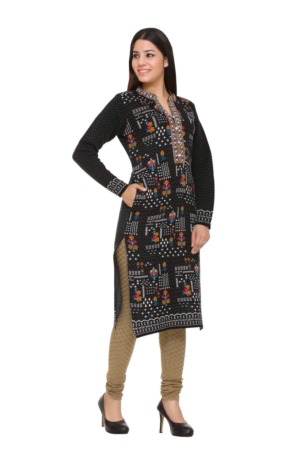 aarbee Women's Woollen Knee Length Floral Knitted Regular Fit Kurti (Medium, Black) - Image 4