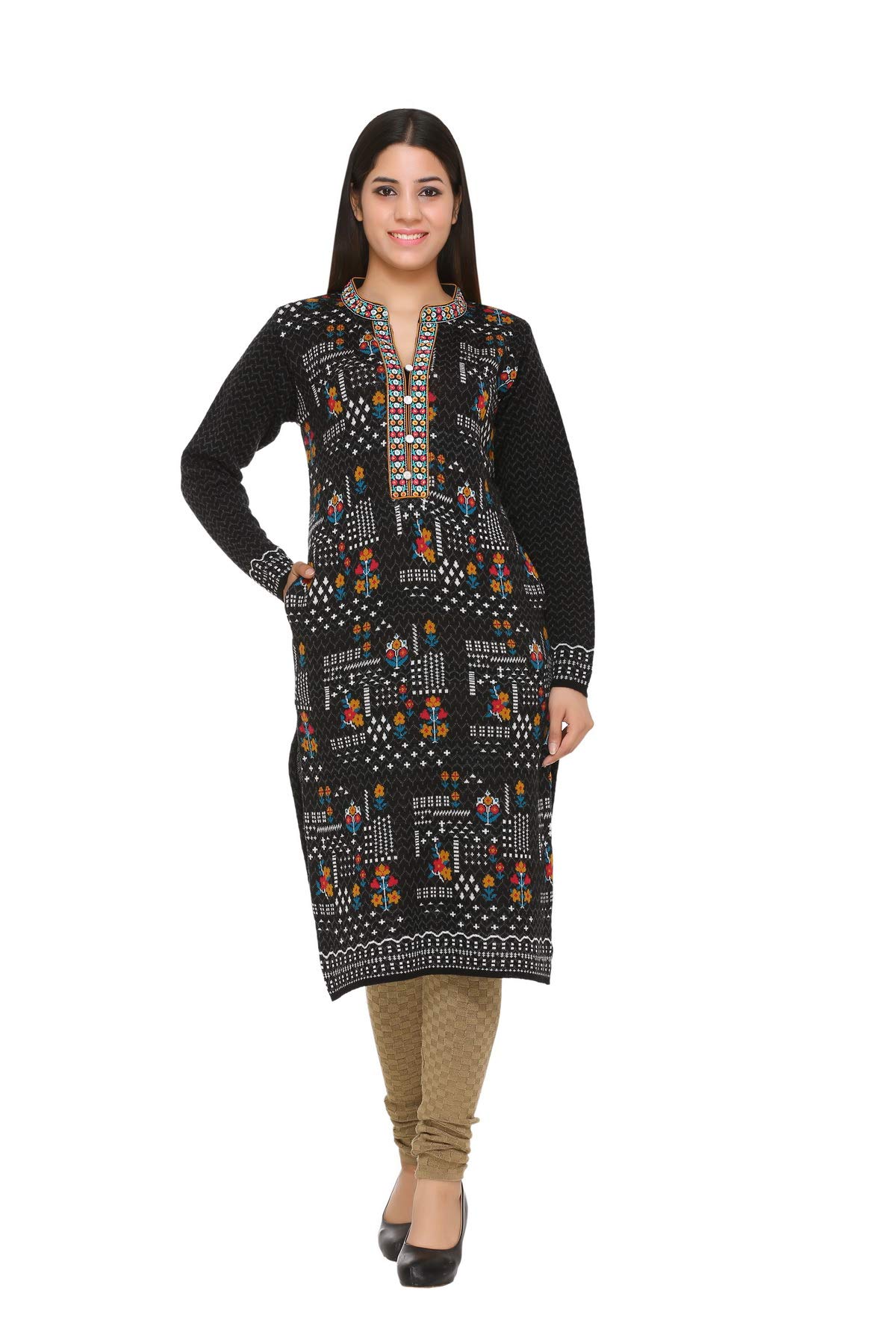 aarbee Women's Woollen Knee Length Floral Knitted Regular Fit Kurti (Medium, Black) - Image 3