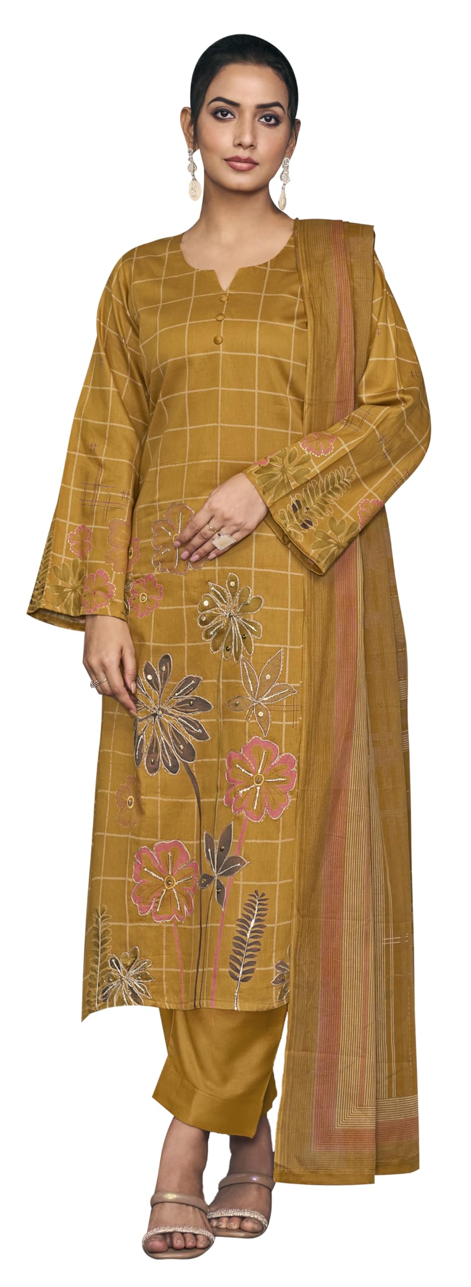 RIWAAYAT TRENDS Women's Unstitched Salwar Suit Dress Material Pure Jam Silk Discharge Print Embroidered Hand Work Kameez Plain Unstitched Bottoms and Pure Lawn Digital Foil Print Dupatta