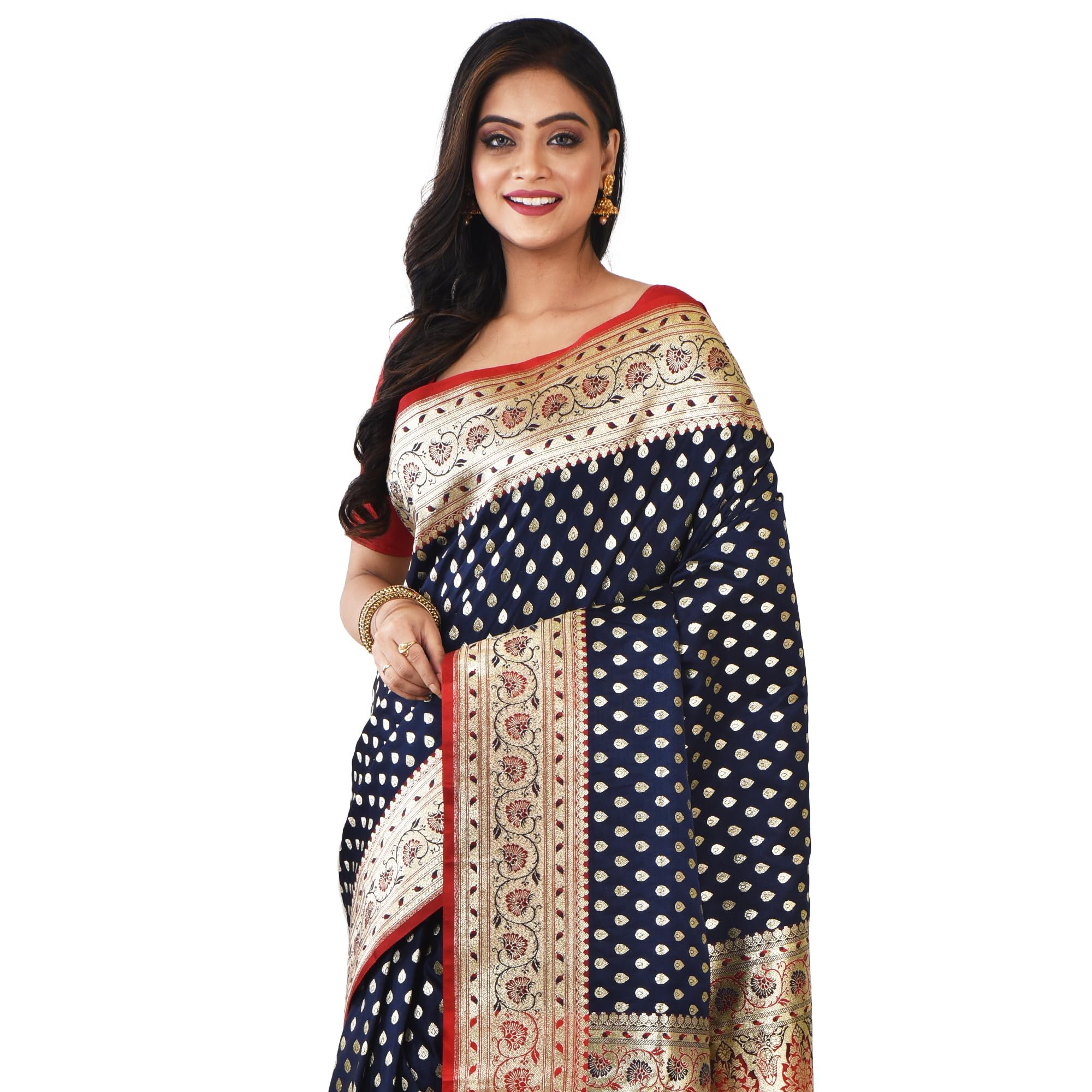 Aishani Collection Woven Buta Work Pure Katan Silk Wedding Banarasi Saree with bp (NavyBlue, Red) - Image 2