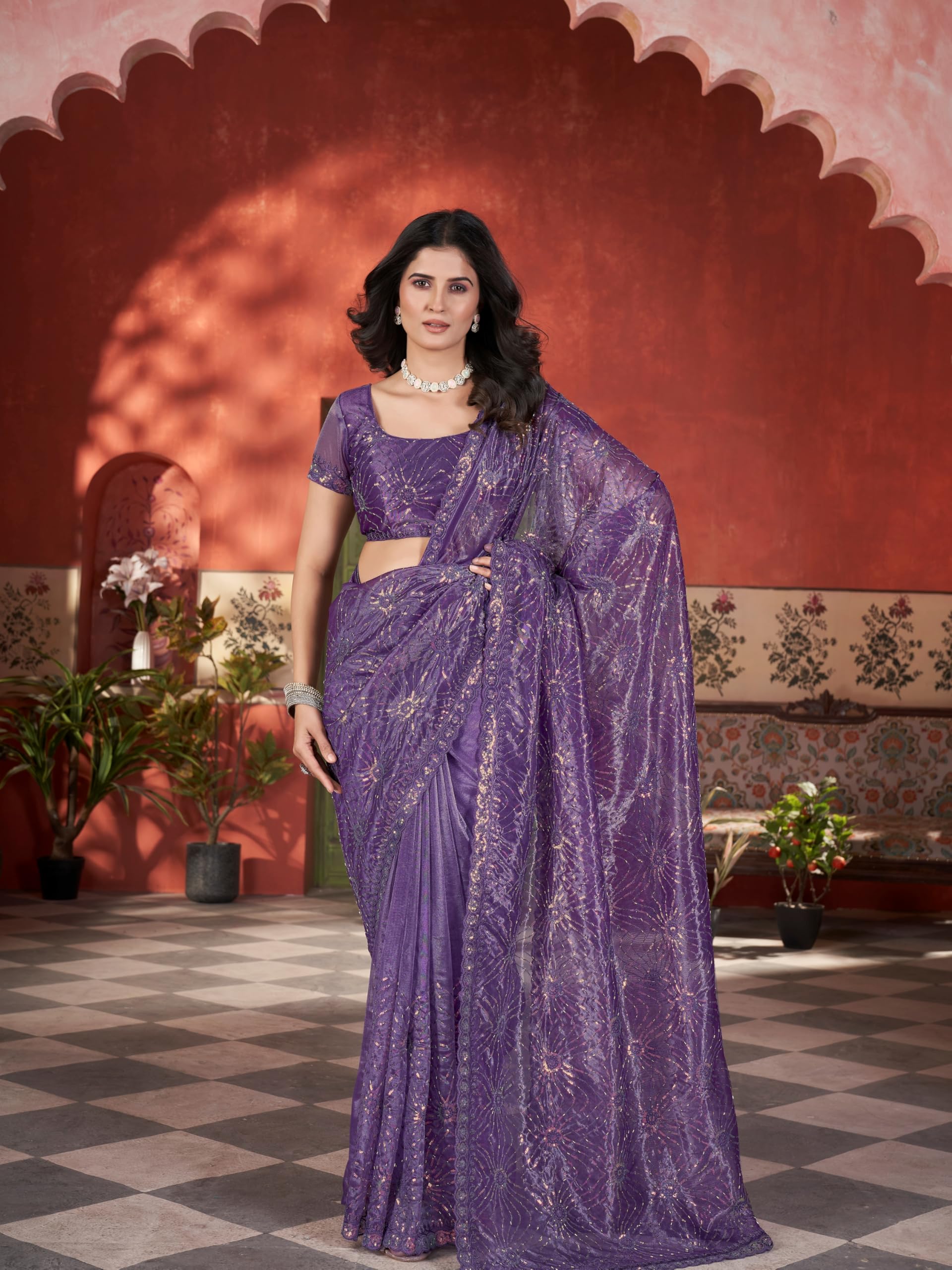 Vintro Tissue Net Embroidered Saree with Two-Tone Sequence & Thread Work - Image 7