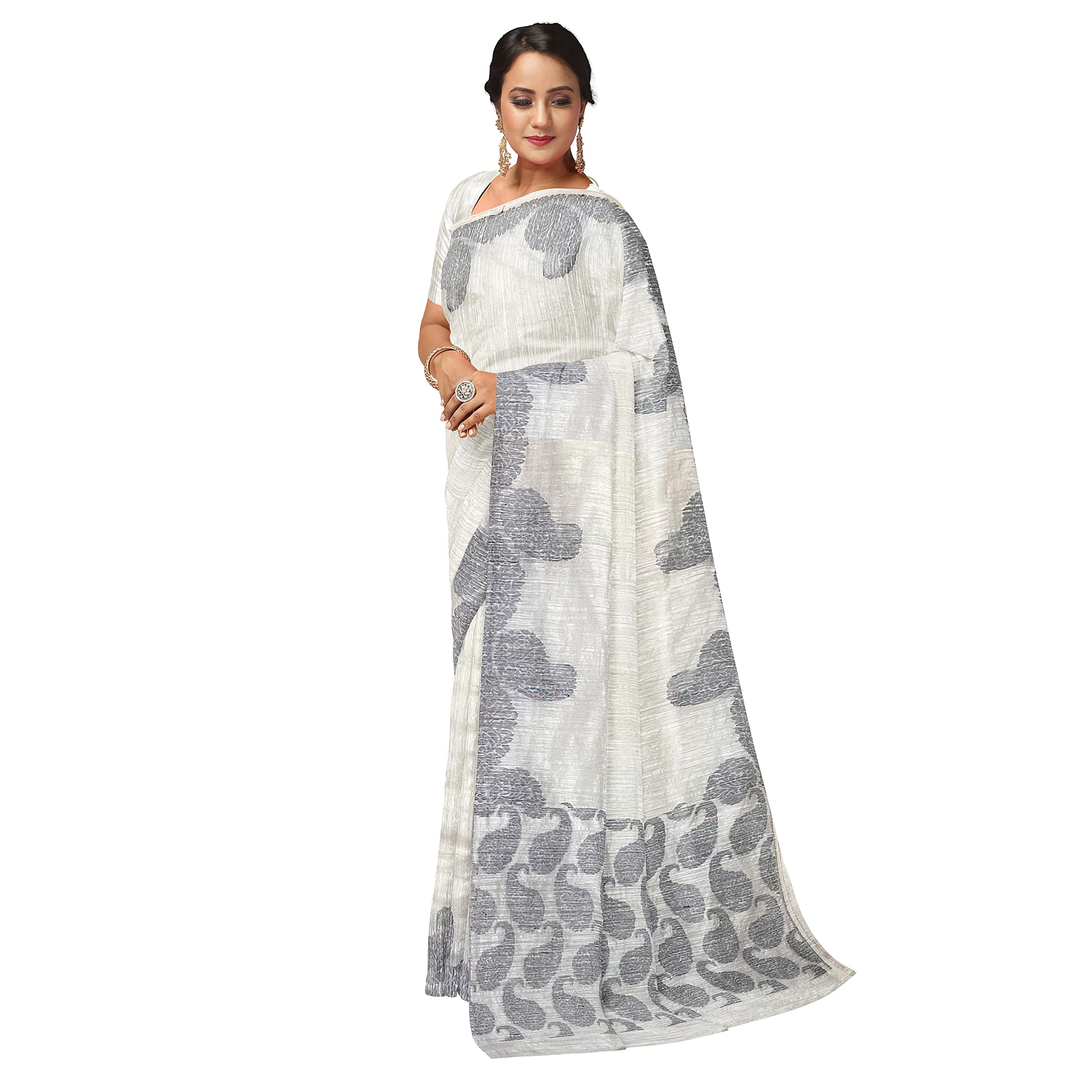 GUNGUN Womens White and Black Paisely Matka Saree - Image 3