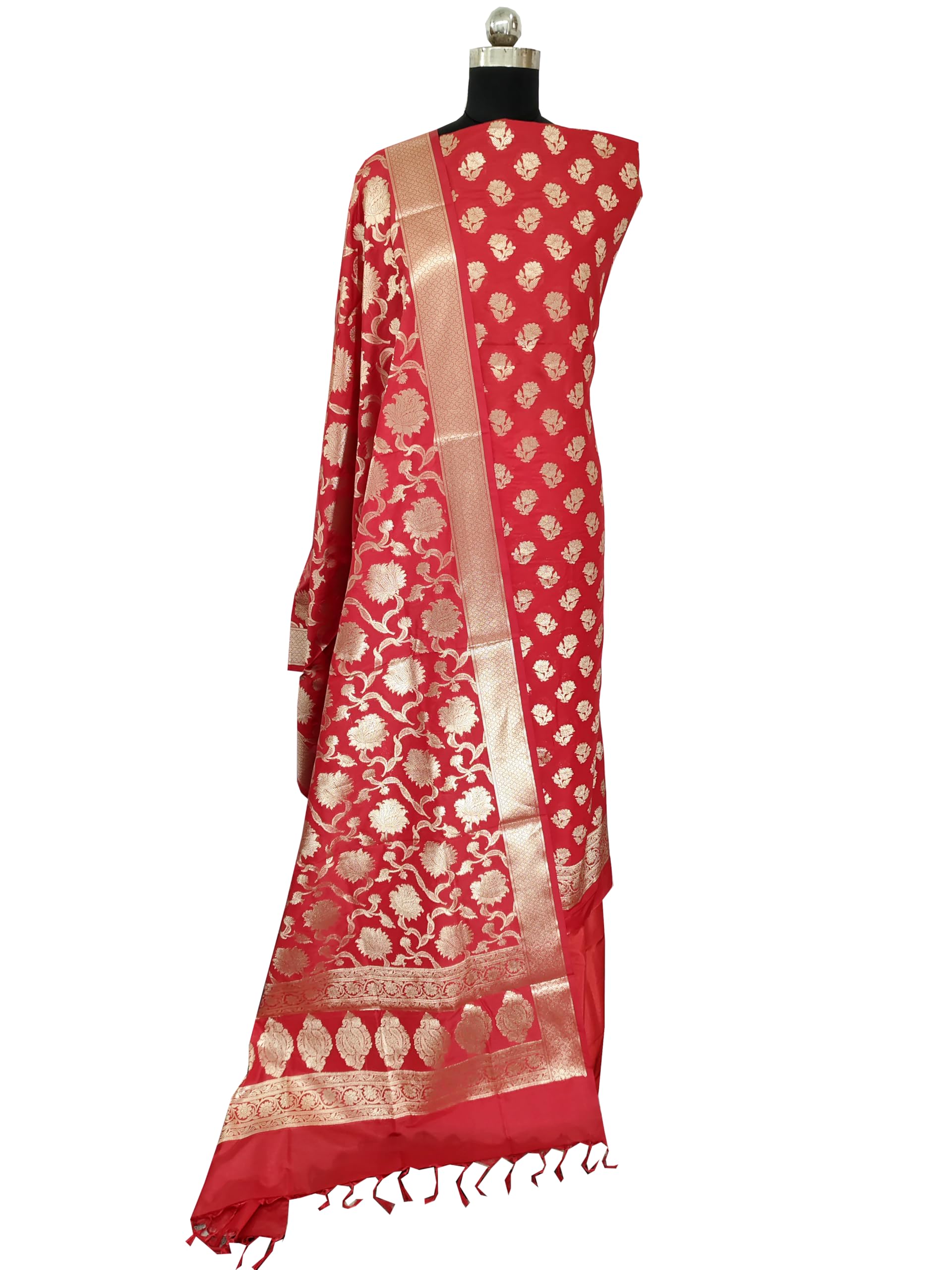 Naveera Women's Banarasi Katan Silk Unstitched Salwar Suit Dress Material Material With Banarasi Dupatta (Red) - Image 7