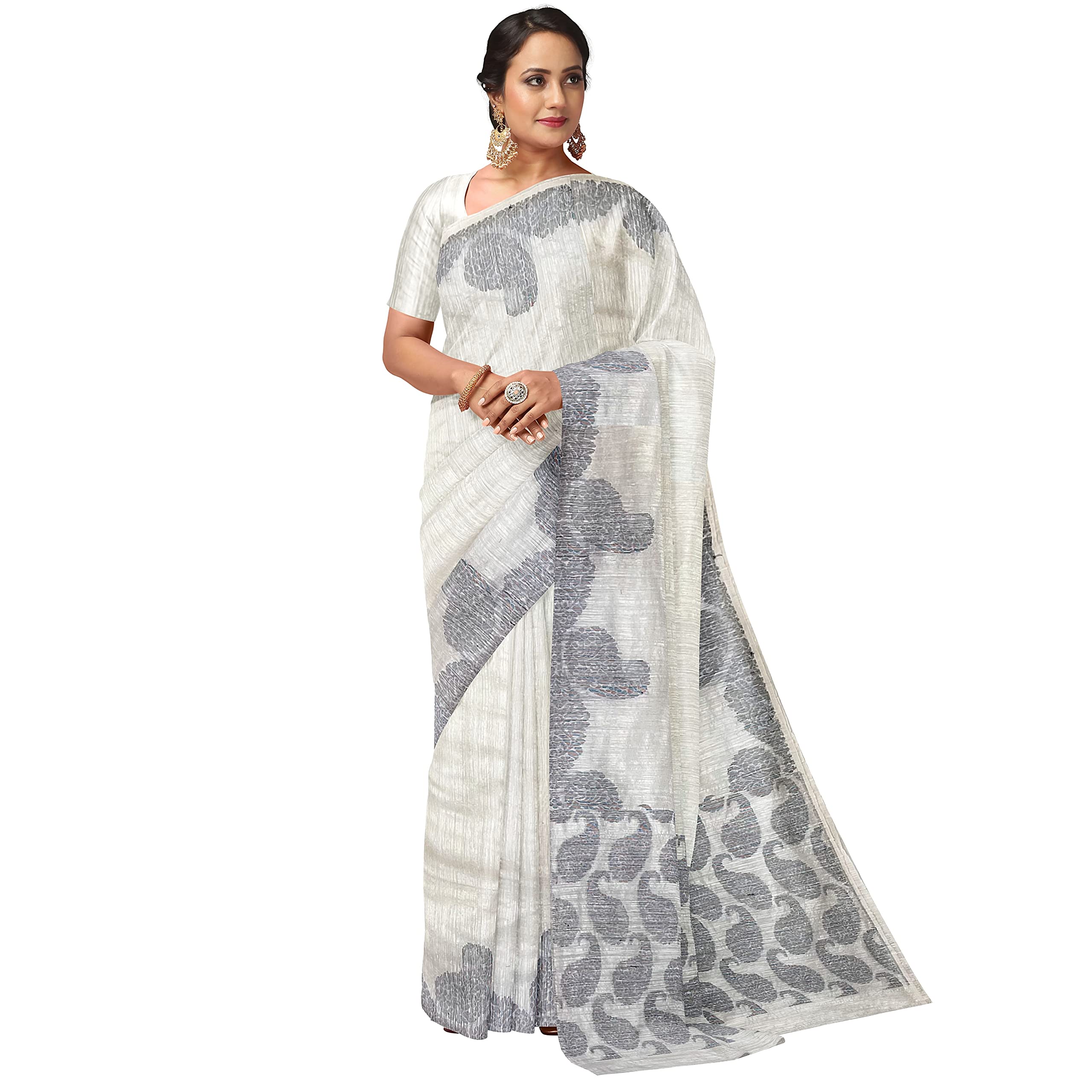 GUNGUN Womens White and Black Paisely Matka Saree