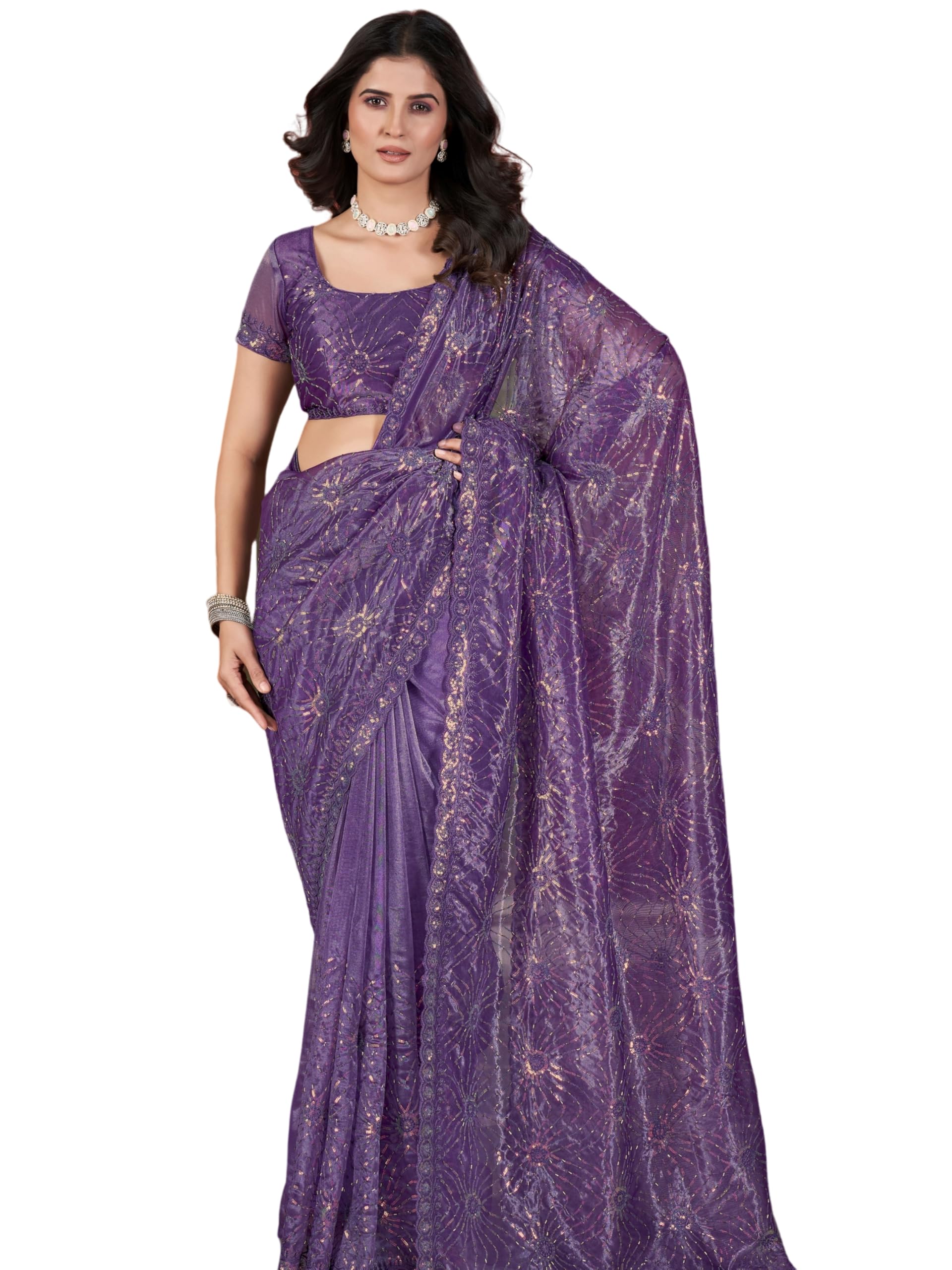 Vintro Tissue Net Embroidered Saree with Two-Tone Sequence & Thread Work