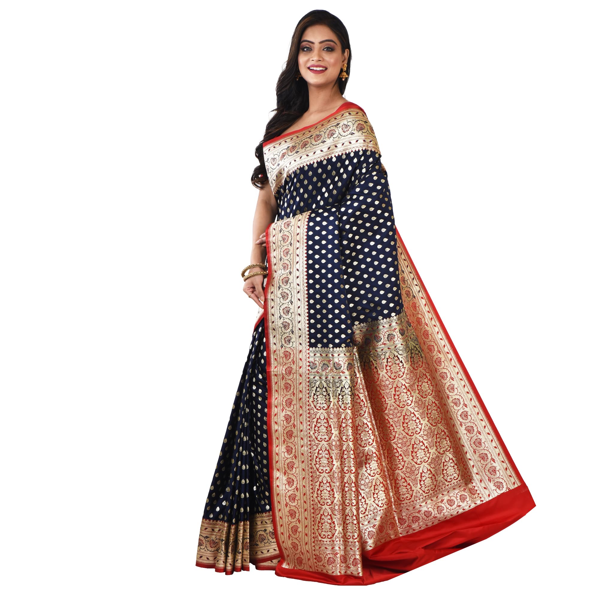 Aishani Collection Woven Buta Work Pure Katan Silk Wedding Banarasi Saree with bp (NavyBlue, Red) - Image 5
