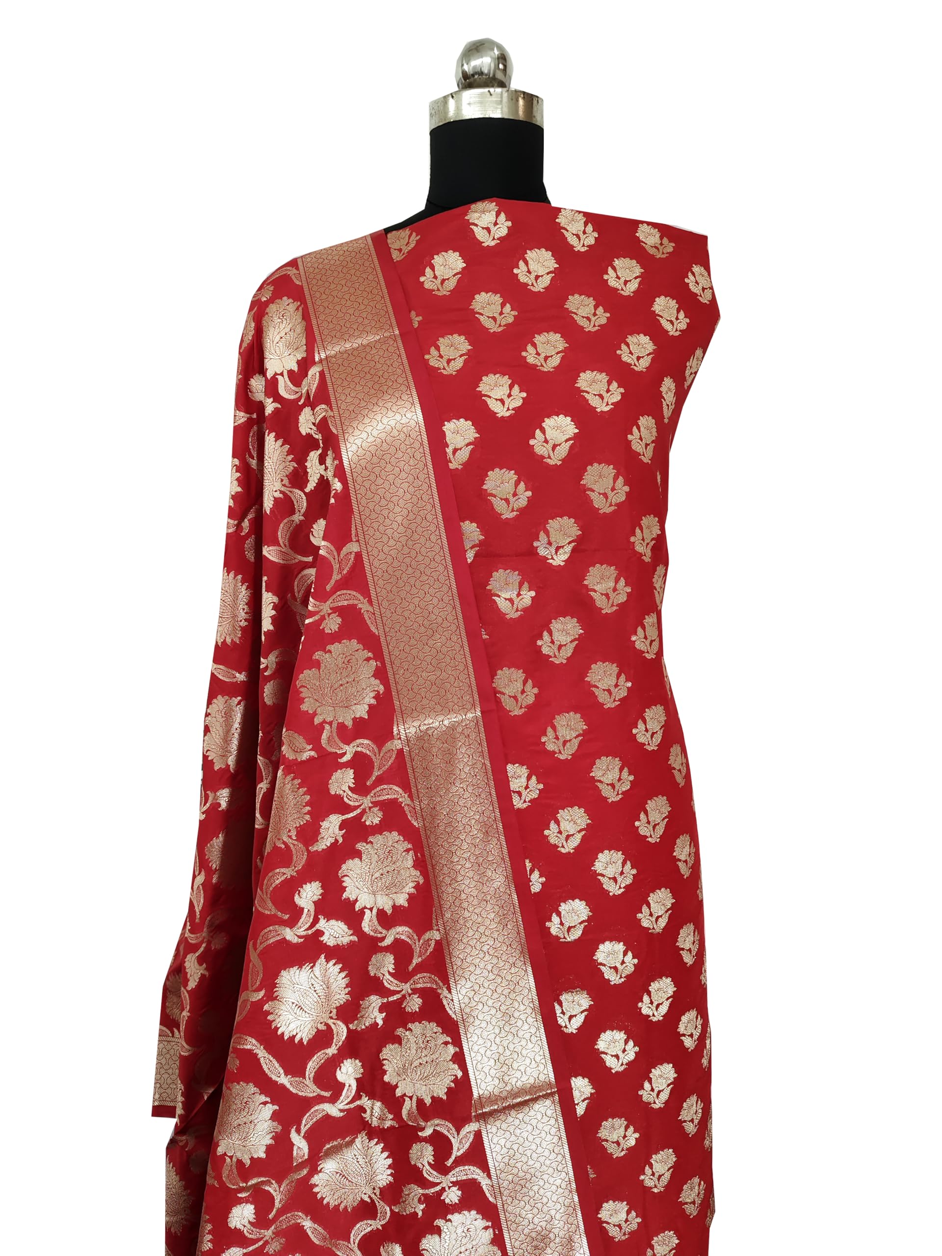Naveera Women's Banarasi Katan Silk Unstitched Salwar Suit Dress Material Material With Banarasi Dupatta (Red) - Image 6