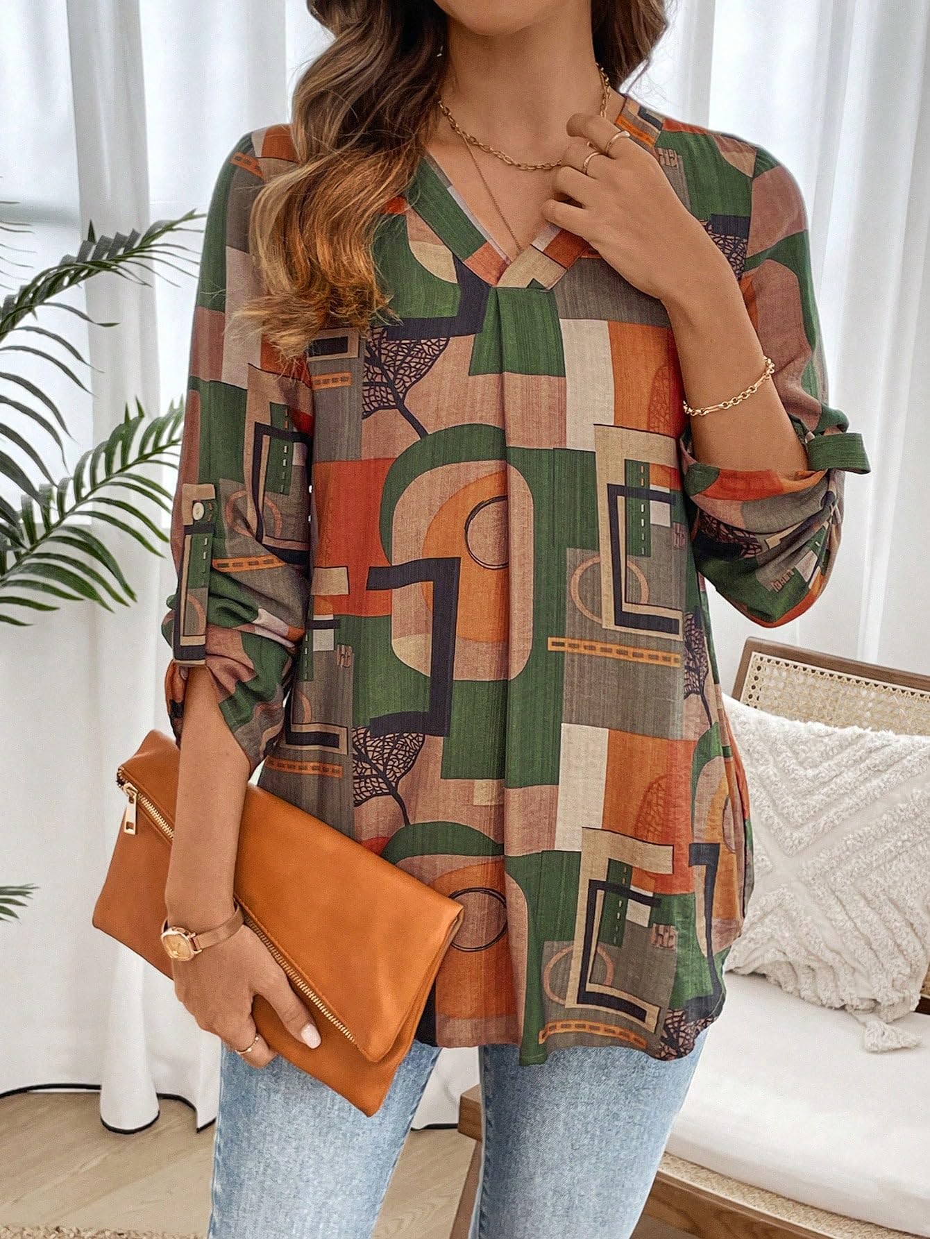 Classy Fashion Casual V-Neck Colorblock Patchwork Top/Tunic for Women & Girls | Geometric Pattern | Soft & Breathable Rayon Fabric | Stylish & Lightweight | Loose Fit (Multicolor, S) - Image 7