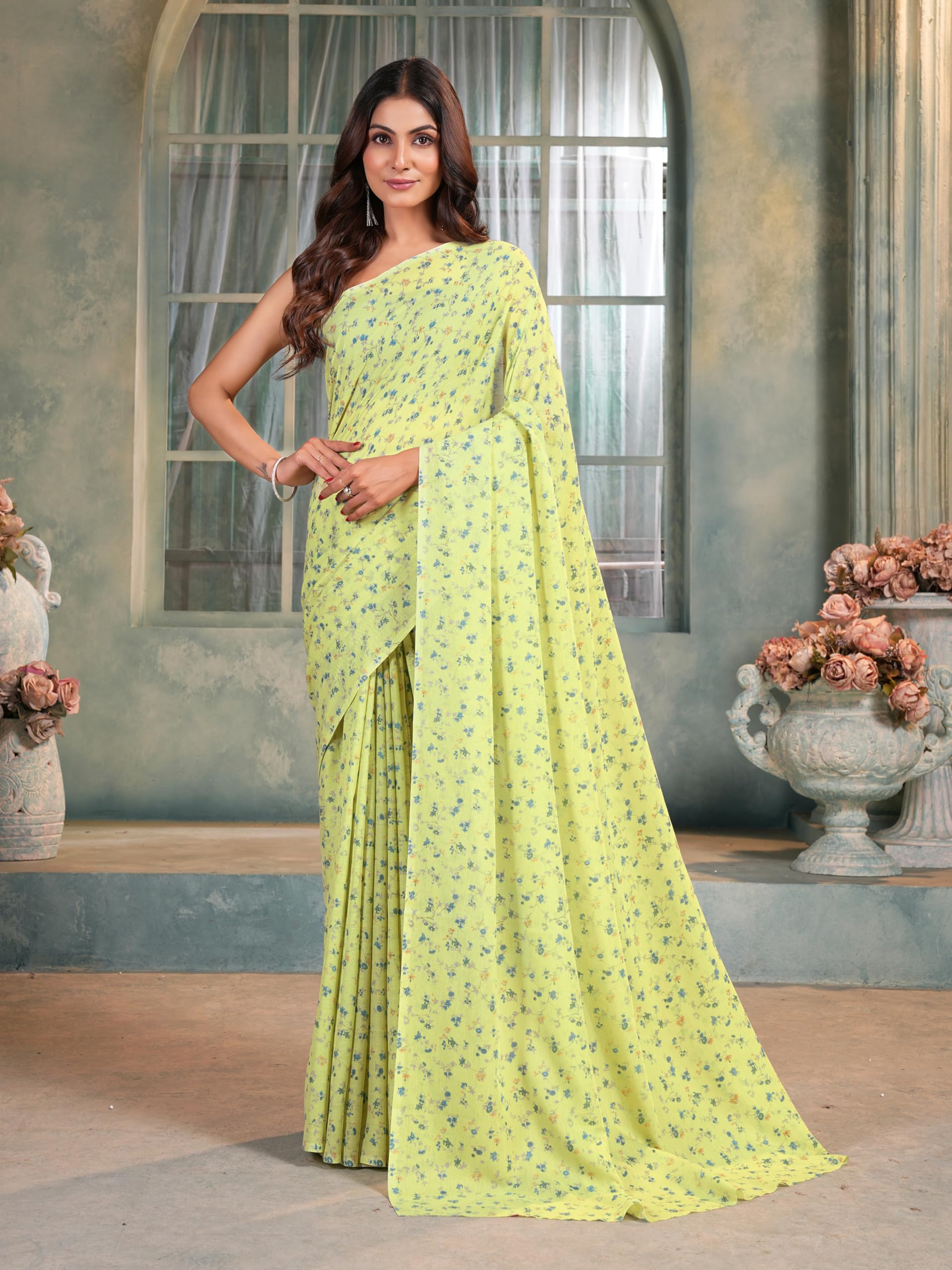 Garden Vareli Floral Print Chiffon Saree 86600 - Lime Green - Image 5