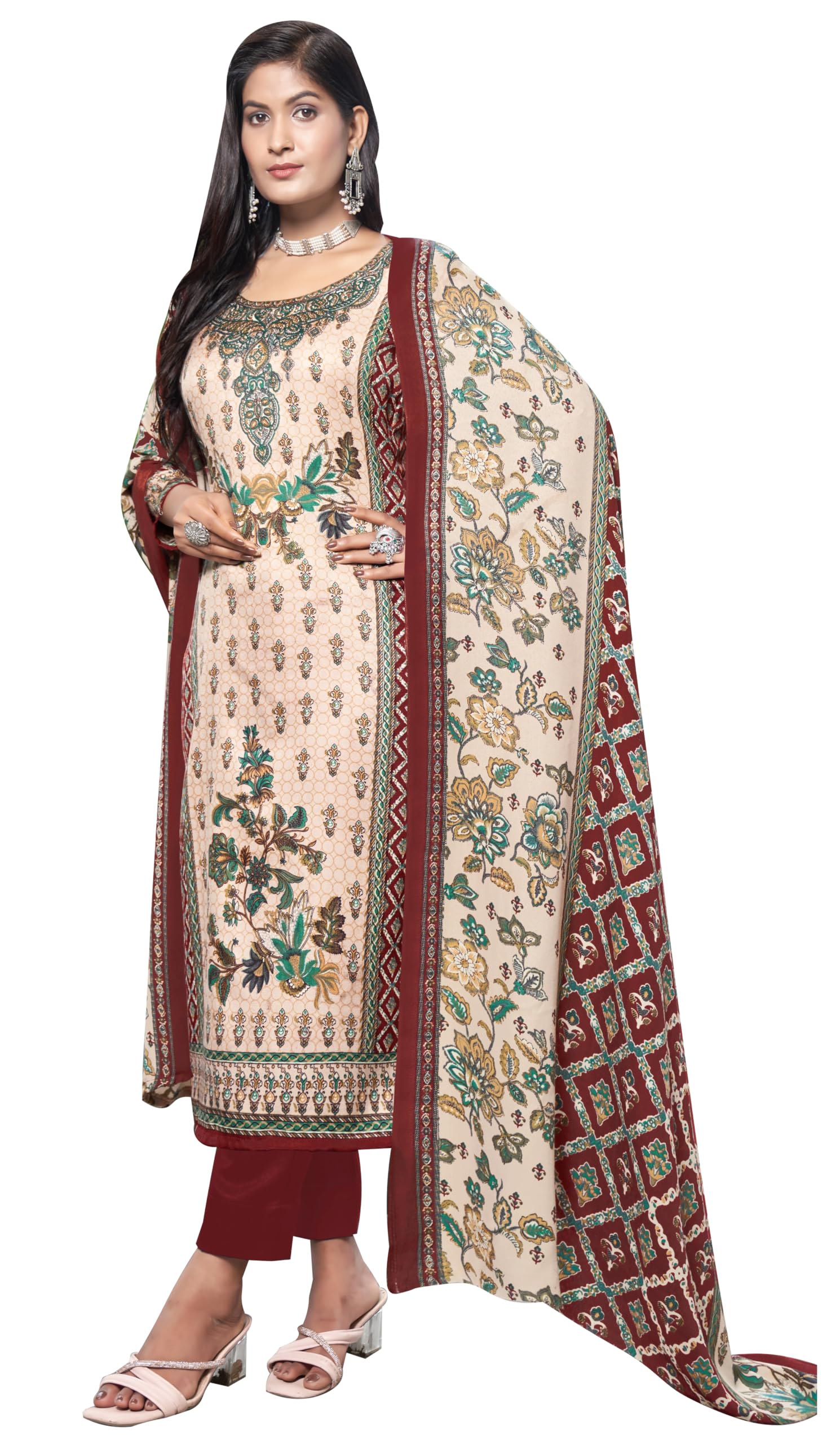 DRAVINAM Trends Women's Winter wear Unstitched Kashmiri Printed Siroski Work Woollen Pashmina Salwar Suits Dress Material with Pashmina Shawl Dupatta - Image 4