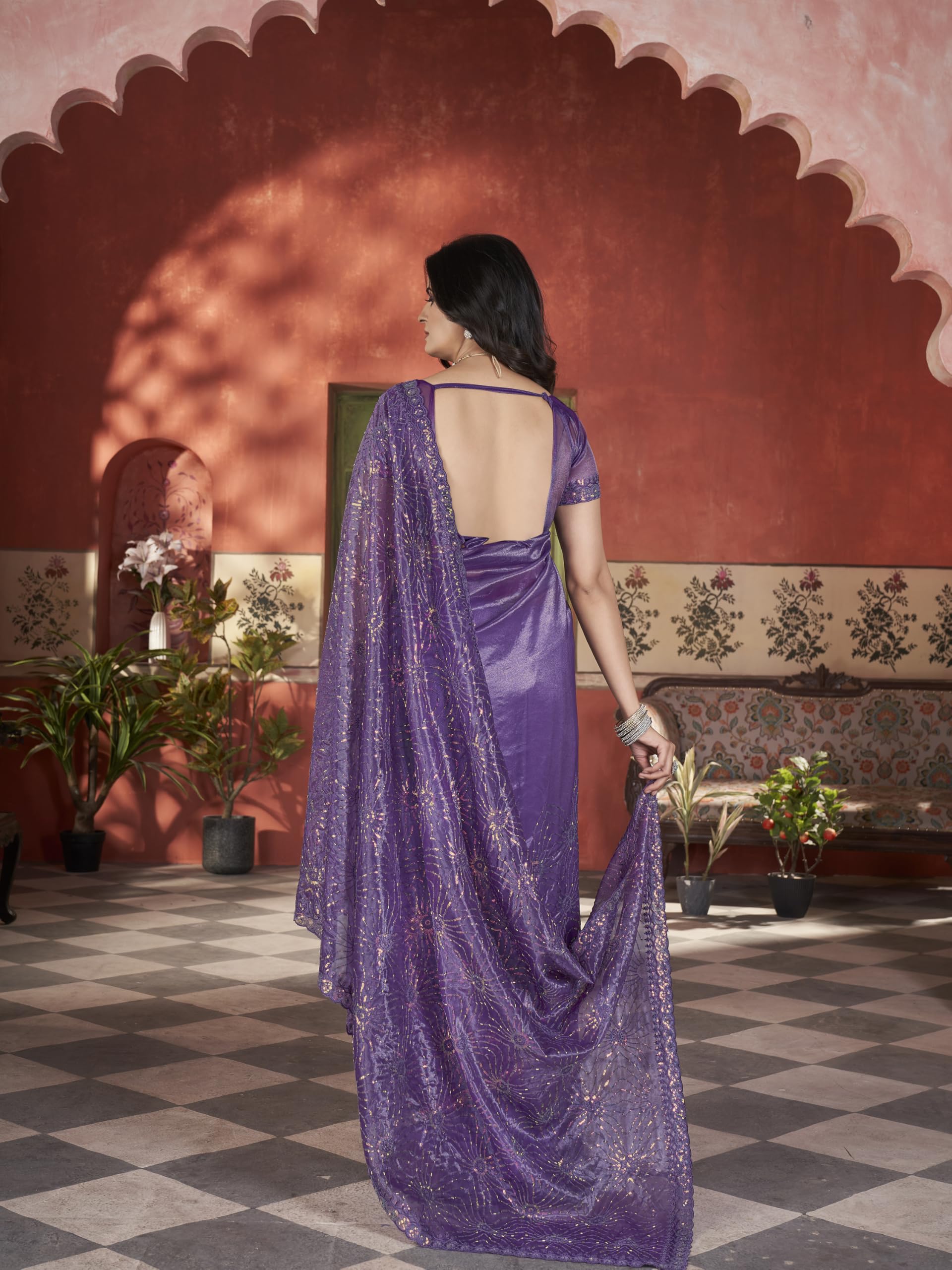 Vintro Tissue Net Embroidered Saree with Two-Tone Sequence & Thread Work - Image 3