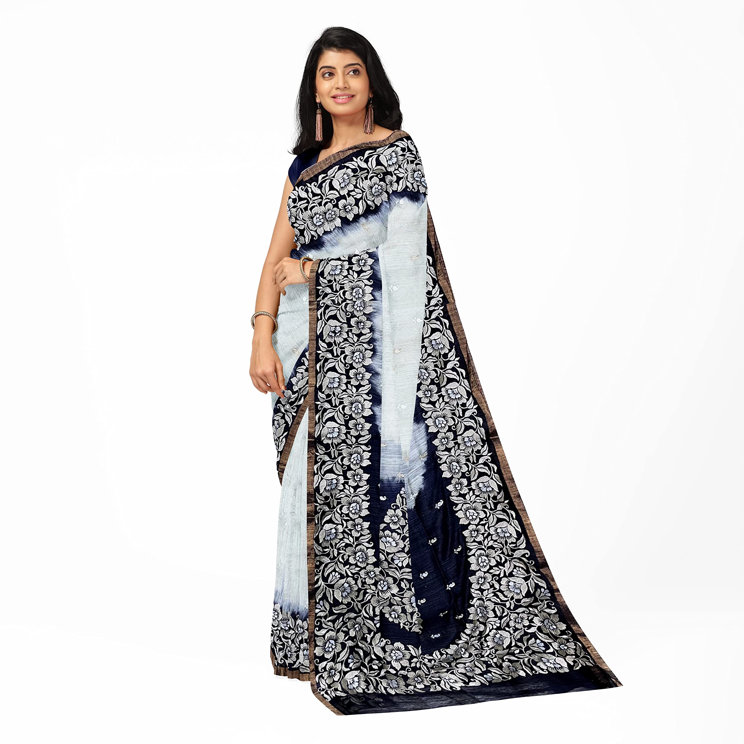 GUNGUN Womens Off White And Black Paisley Booti Floral Design Matka Saree - Image 3