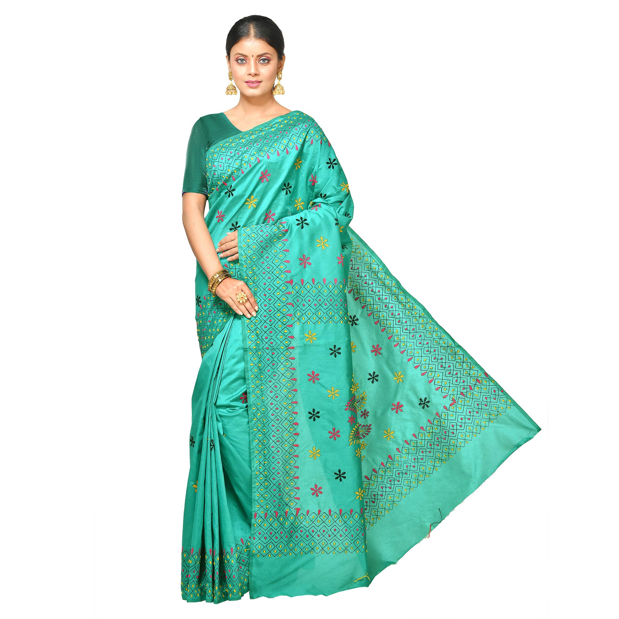Aishani Collection Hand Embroideed Assam Silk Nakshi Kantha Stitch Saree with bp (Light Green)