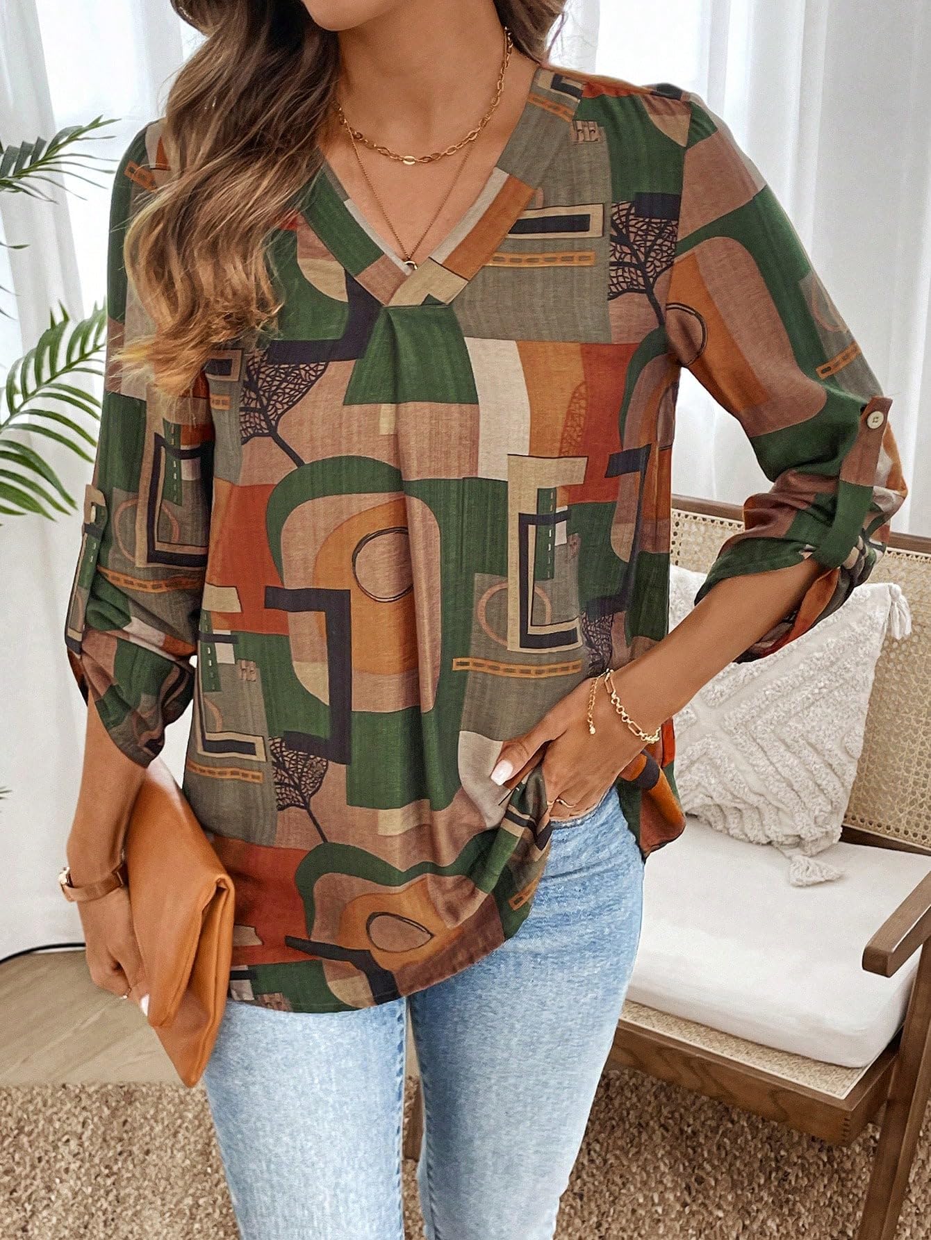 Classy Fashion Casual V-Neck Colorblock Patchwork Top/Tunic for Women & Girls | Geometric Pattern | Soft & Breathable Rayon Fabric | Stylish & Lightweight | Loose Fit (Multicolor, S) - Image 6