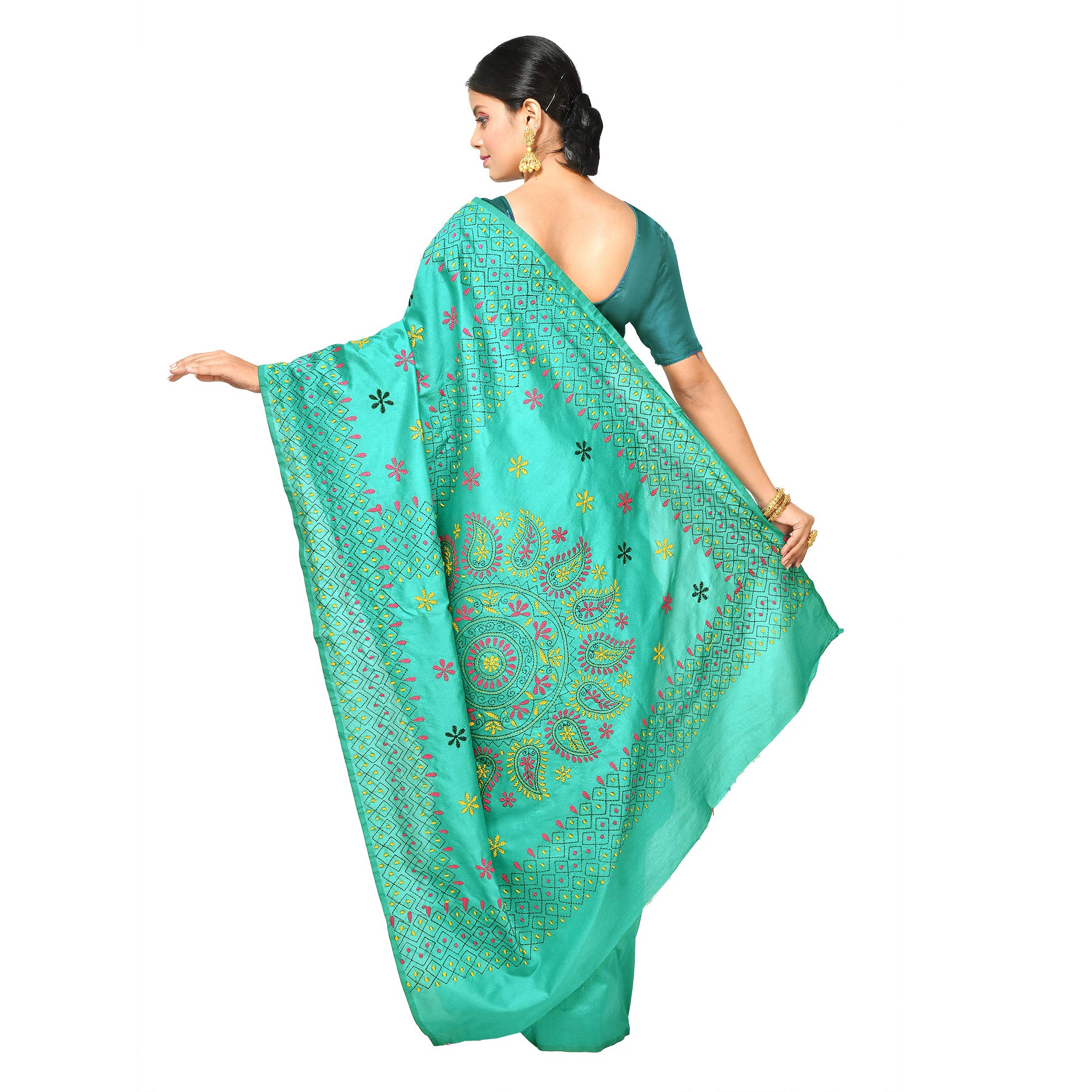 Aishani Collection Hand Embroideed Assam Silk Nakshi Kantha Stitch Saree with bp (Light Green) - Image 5