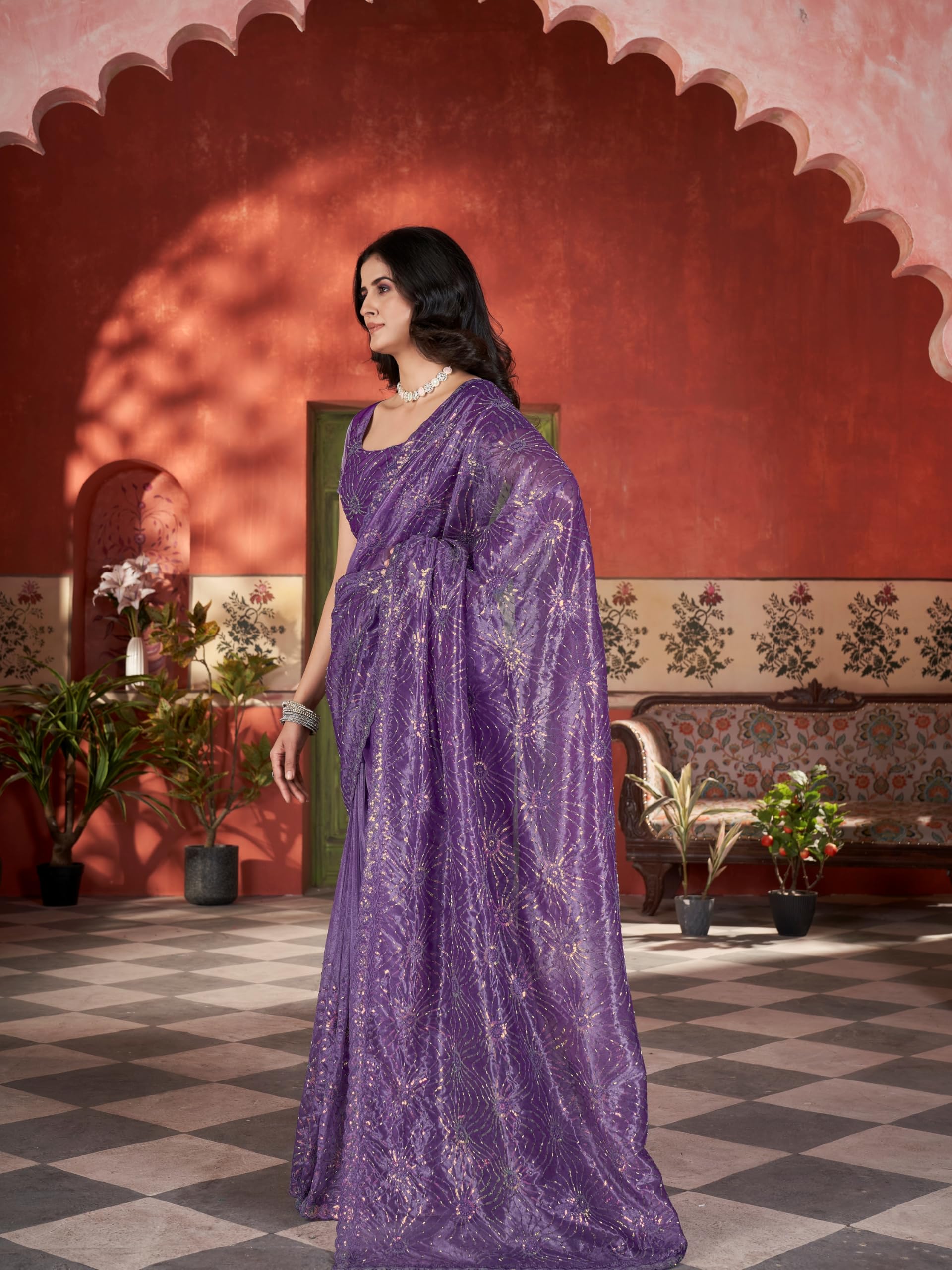 Vintro Tissue Net Embroidered Saree with Two-Tone Sequence & Thread Work - Image 6