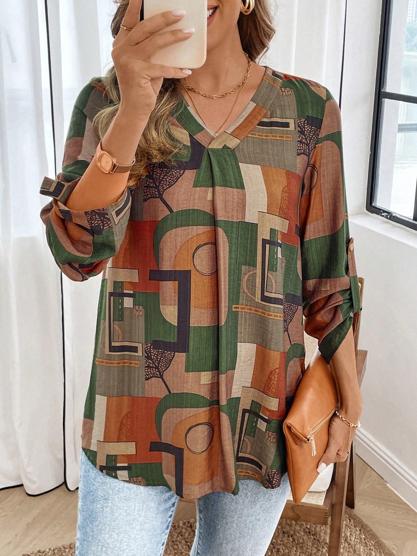 Classy Fashion Casual V-Neck Colorblock Patchwork Top/Tunic for Women & Girls | Geometric Pattern | Soft & Breathable Rayon Fabric | Stylish & Lightweight | Loose Fit (Multicolor, S) - Image 5