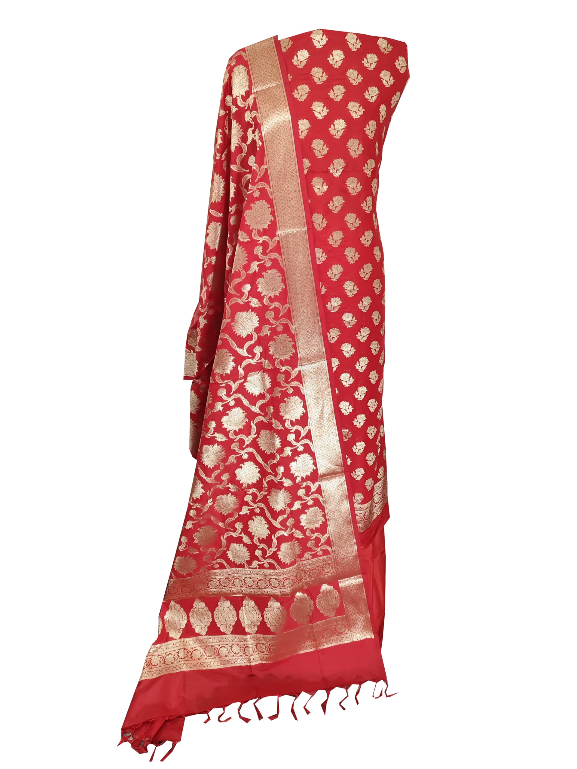 Naveera Women's Banarasi Katan Silk Unstitched Salwar Suit Dress Material Material With Banarasi Dupatta (Red)