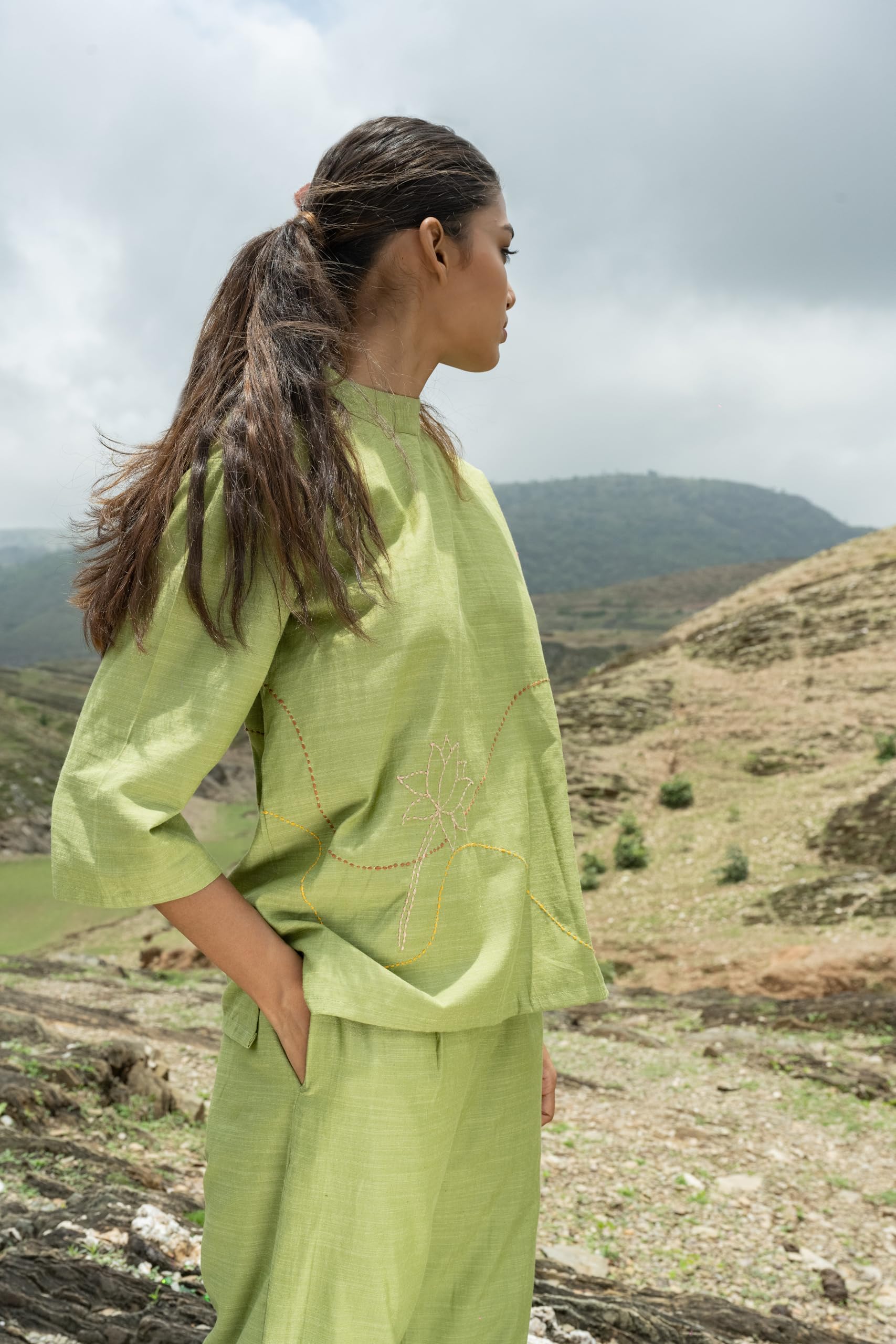 MIORAH Co-ord Set for Women & Girls, Slub Cotton Co- Ord Set with Closed Neck for Women’s, Regular Fit with Hand Embroidery and 3/4th Sleeve (Colour- Pista Green, Size- M) - Image 4