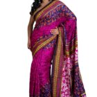 Bengal looms India Weaves of Elegance Tie-Dye Pure Silk Hand Embroidery Kantha Stitch Saree in Hot Pink, Royal Blue and Multicolored Thread Work