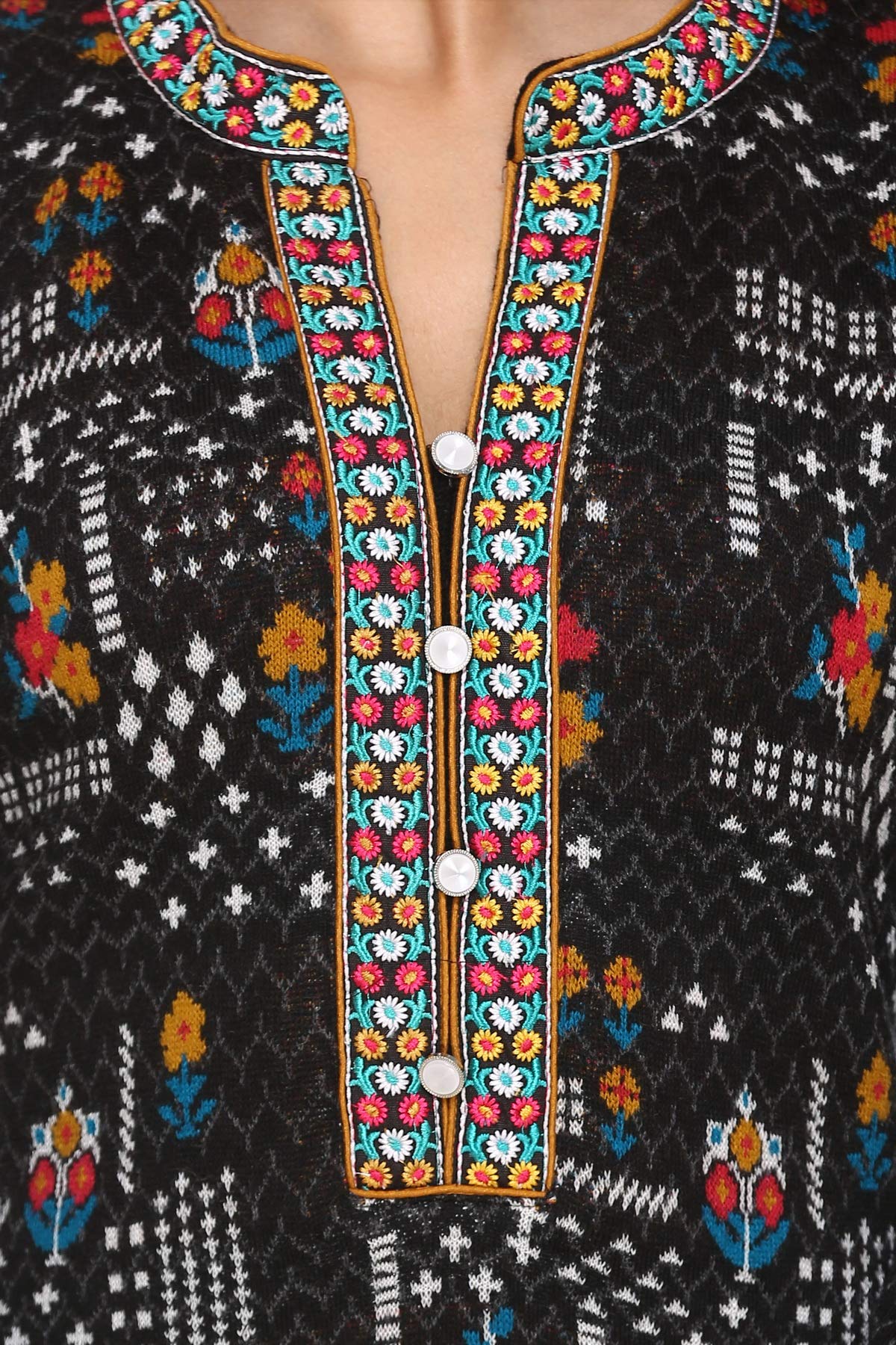 aarbee Women's Woollen Knee Length Floral Knitted Regular Fit Kurti (Medium, Black) - Image 2