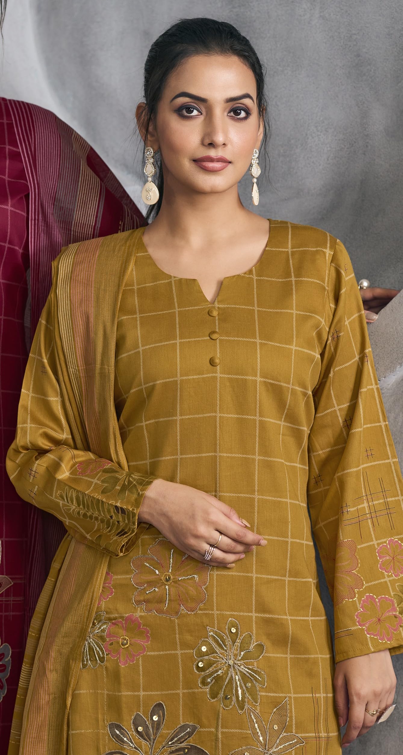 RIWAAYAT TRENDS Women's Unstitched Salwar Suit Dress Material Pure Jam Silk Discharge Print Embroidered Hand Work Kameez Plain Unstitched Bottoms and Pure Lawn Digital Foil Print Dupatta - Image 3