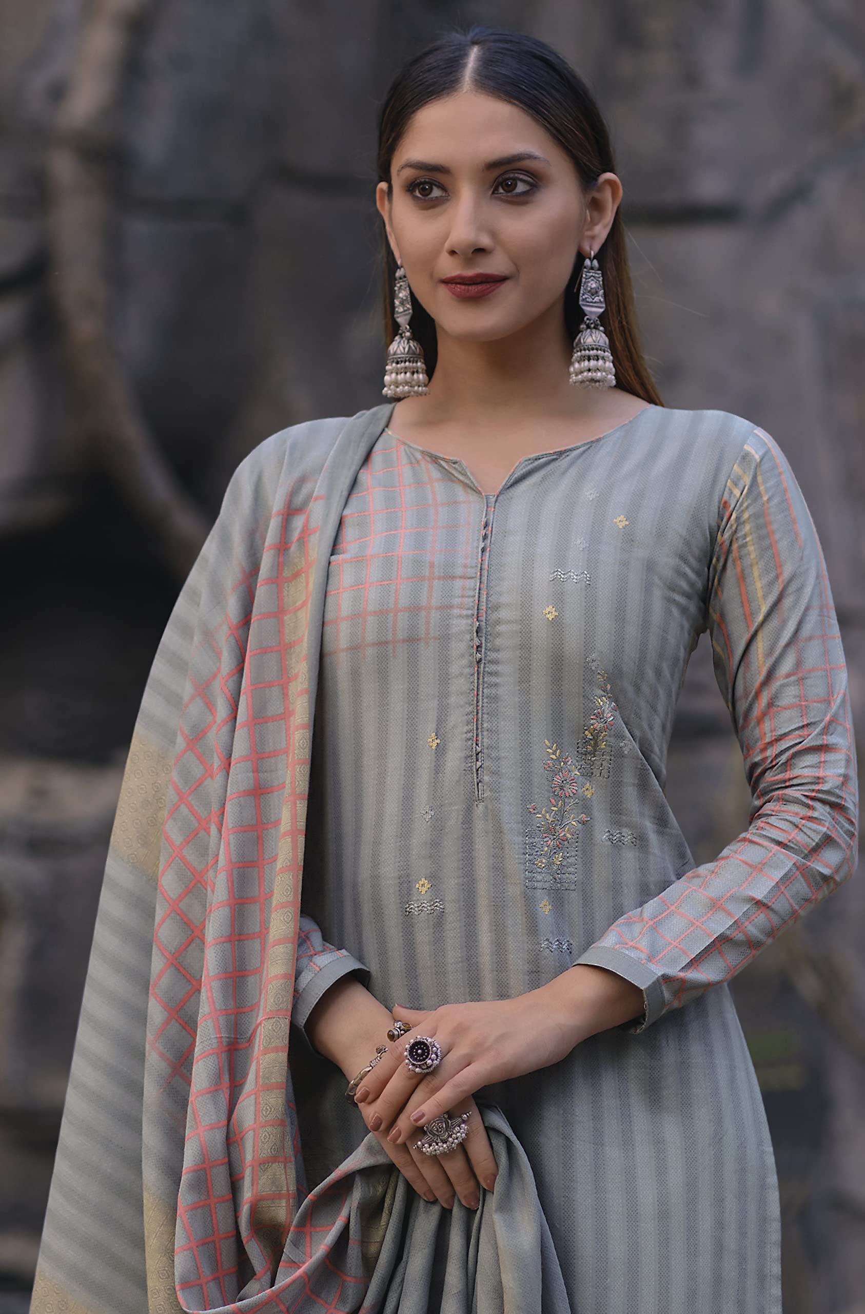 DRAVINAM Trends Women's Unstitched Embroidered Pure Cambric Cotton Plazzo Suit Dress Material with Digital Printed Mal Mal Cotton Dupatta for Office Wear/College Wear (Grey) - Image 2