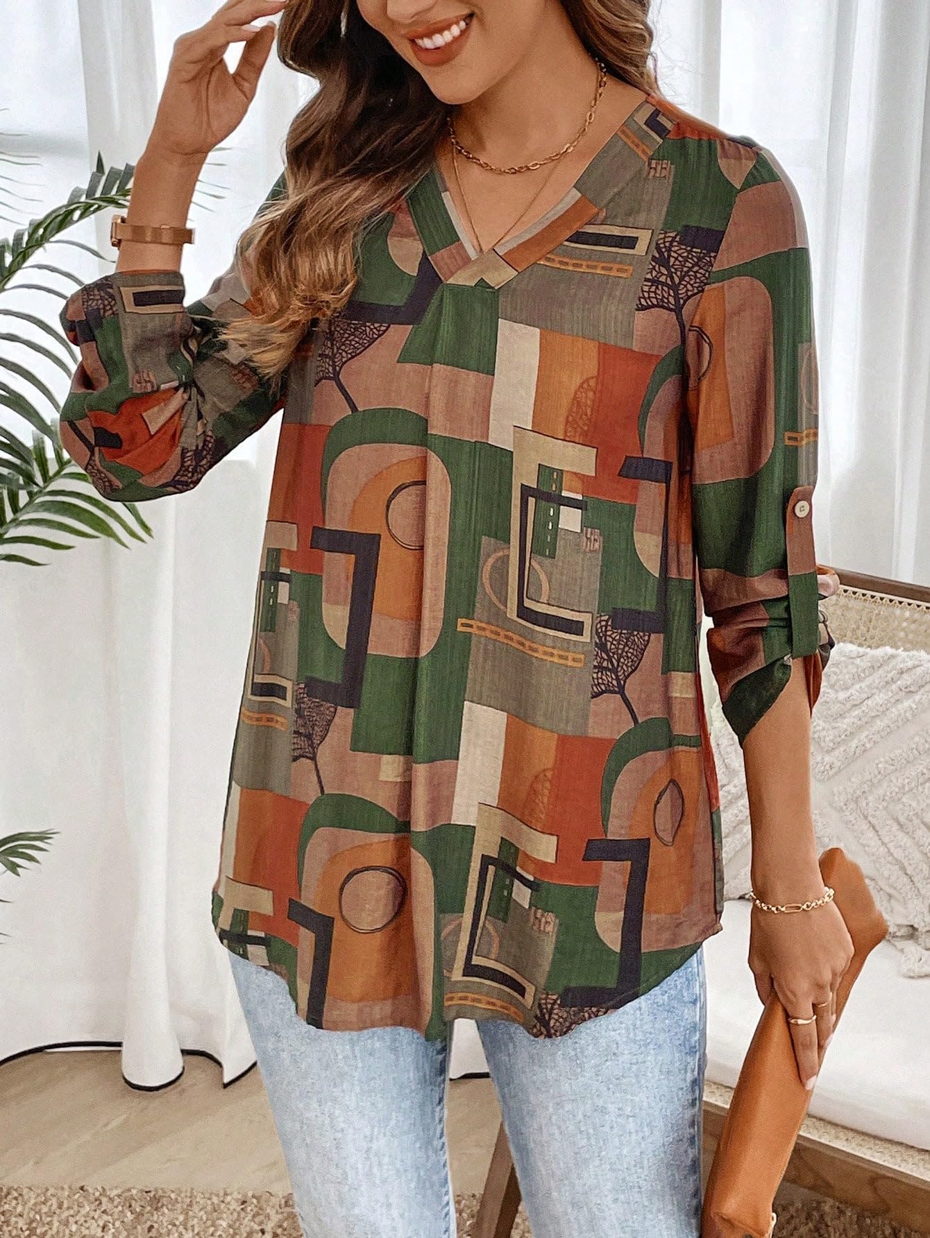 Classy Fashion Casual V-Neck Colorblock Patchwork Top/Tunic for Women & Girls | Geometric Pattern | Soft & Breathable Rayon Fabric | Stylish & Lightweight | Loose Fit (Multicolor, S) - Image 4