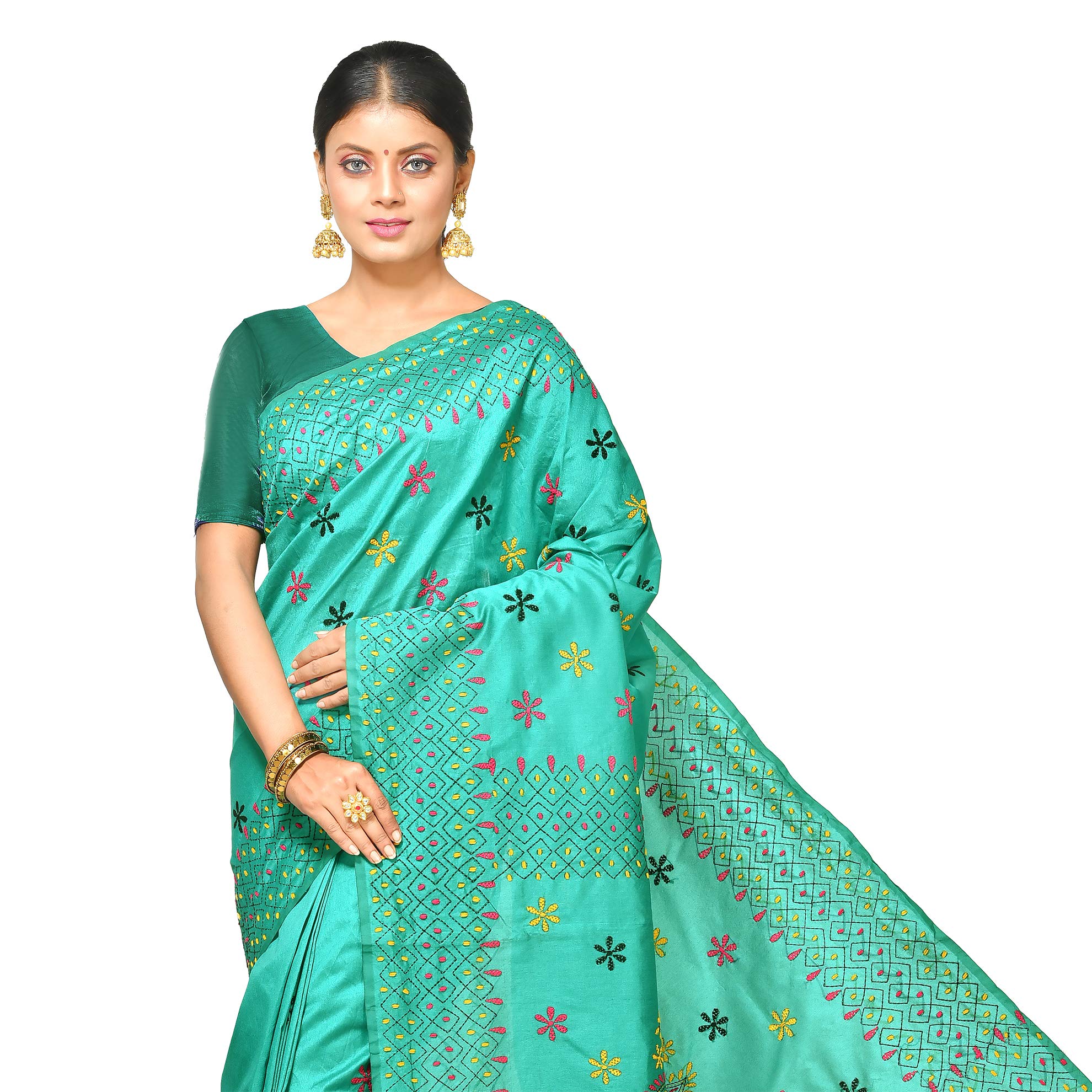 Aishani Collection Hand Embroideed Assam Silk Nakshi Kantha Stitch Saree with bp (Light Green) - Image 2