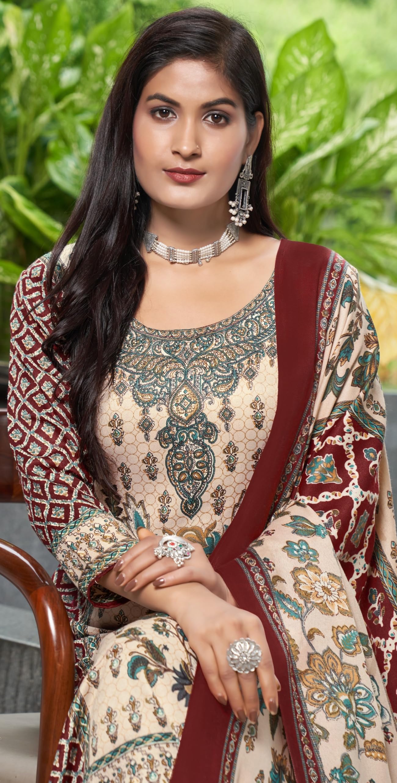 DRAVINAM Trends Women's Winter wear Unstitched Kashmiri Printed Siroski Work Woollen Pashmina Salwar Suits Dress Material with Pashmina Shawl Dupatta - Image 3