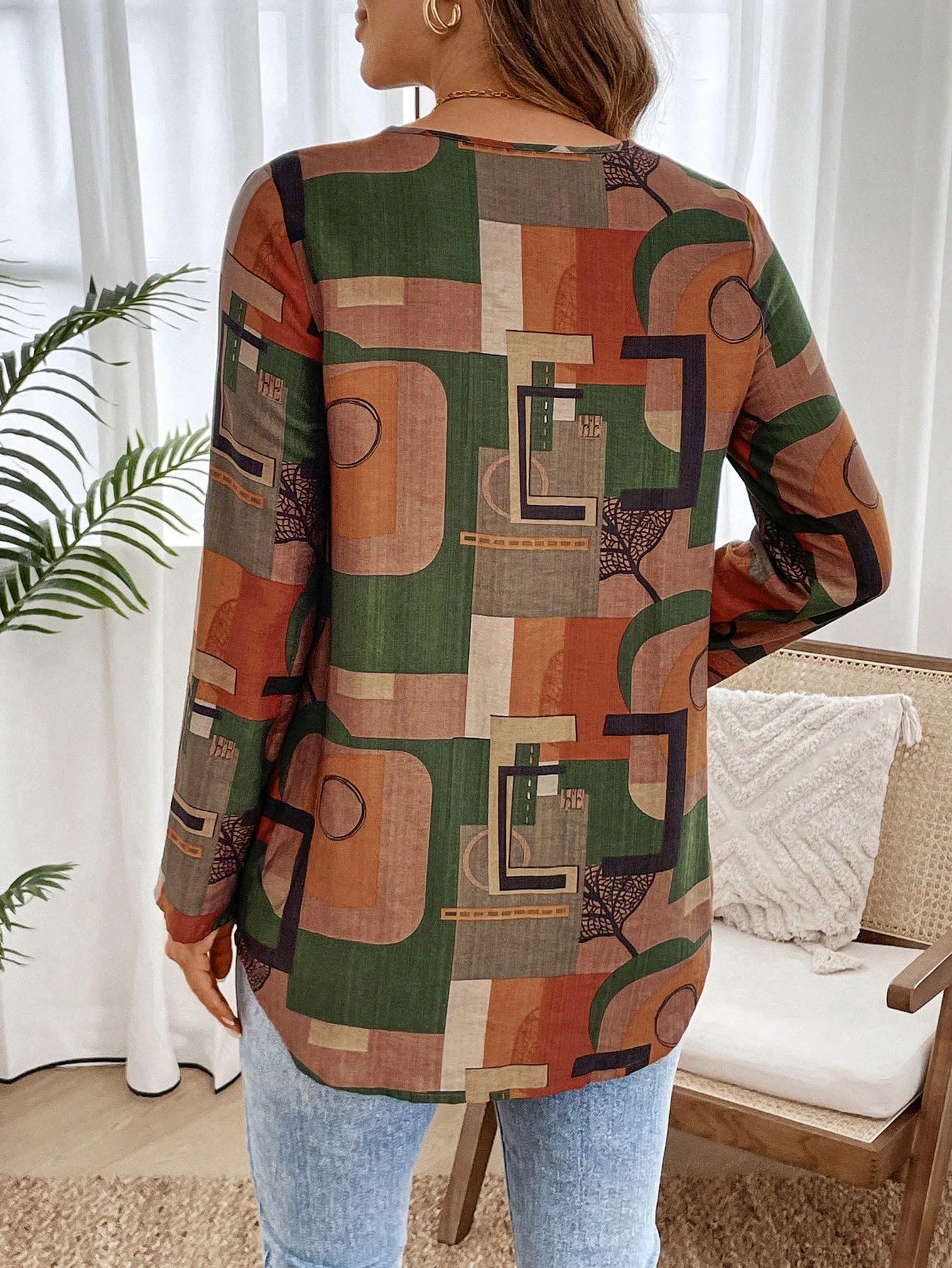 Classy Fashion Casual V-Neck Colorblock Patchwork Top/Tunic for Women & Girls | Geometric Pattern | Soft & Breathable Rayon Fabric | Stylish & Lightweight | Loose Fit (Multicolor, S) - Image 2