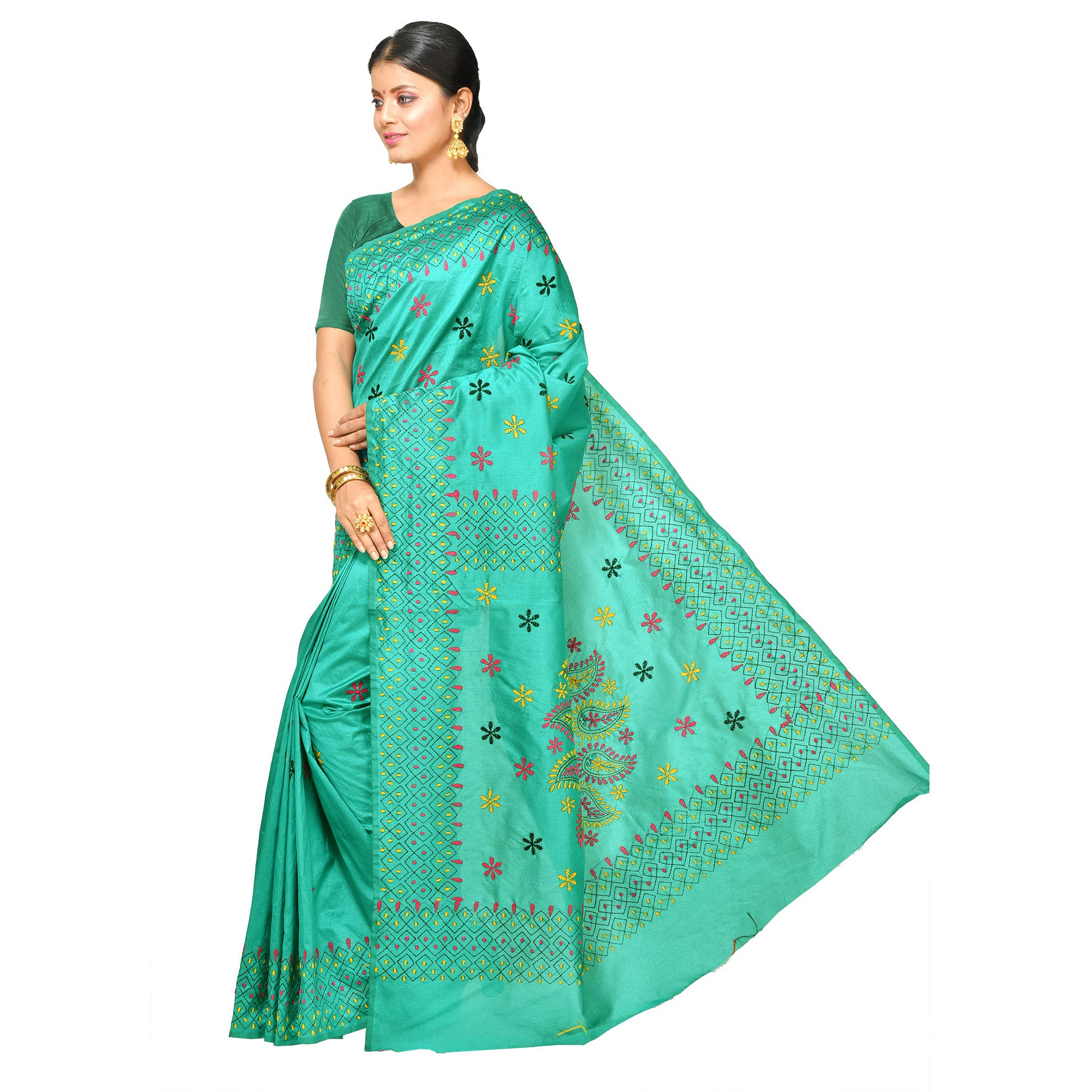 Aishani Collection Hand Embroideed Assam Silk Nakshi Kantha Stitch Saree with bp (Light Green) - Image 4