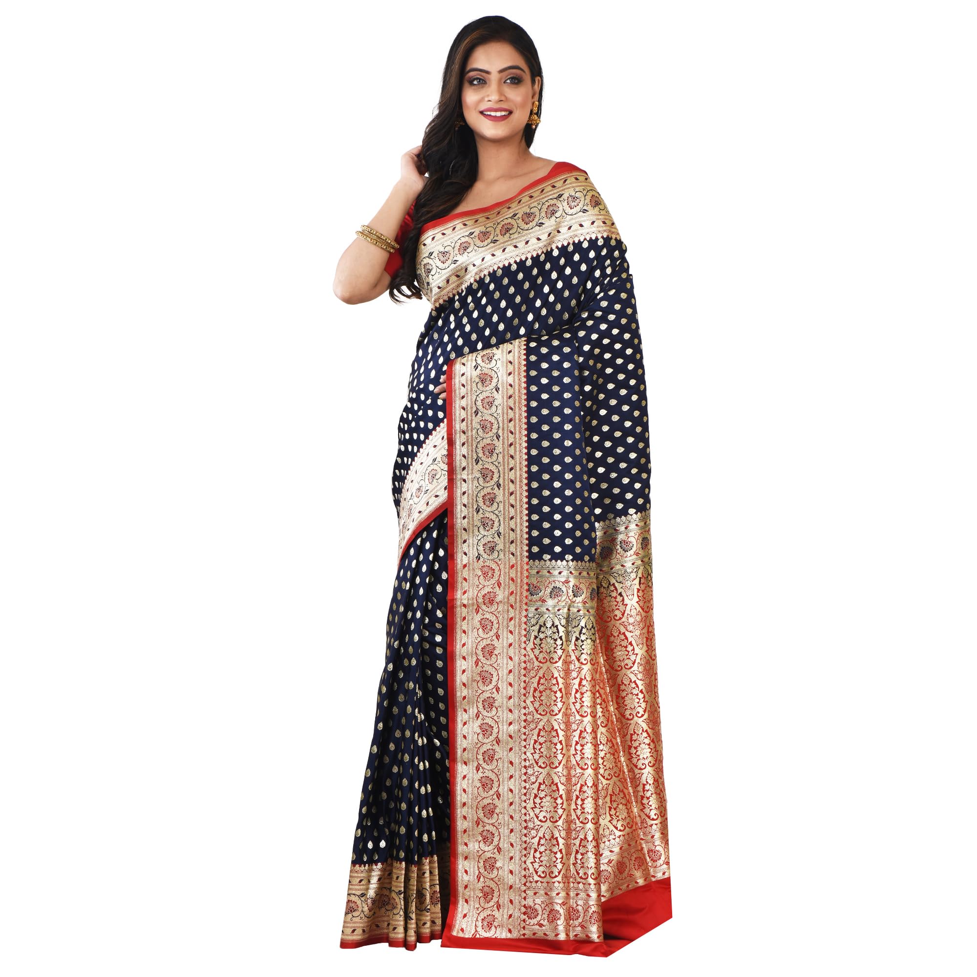 Aishani Collection Woven Buta Work Pure Katan Silk Wedding Banarasi Saree with bp (NavyBlue, Red)