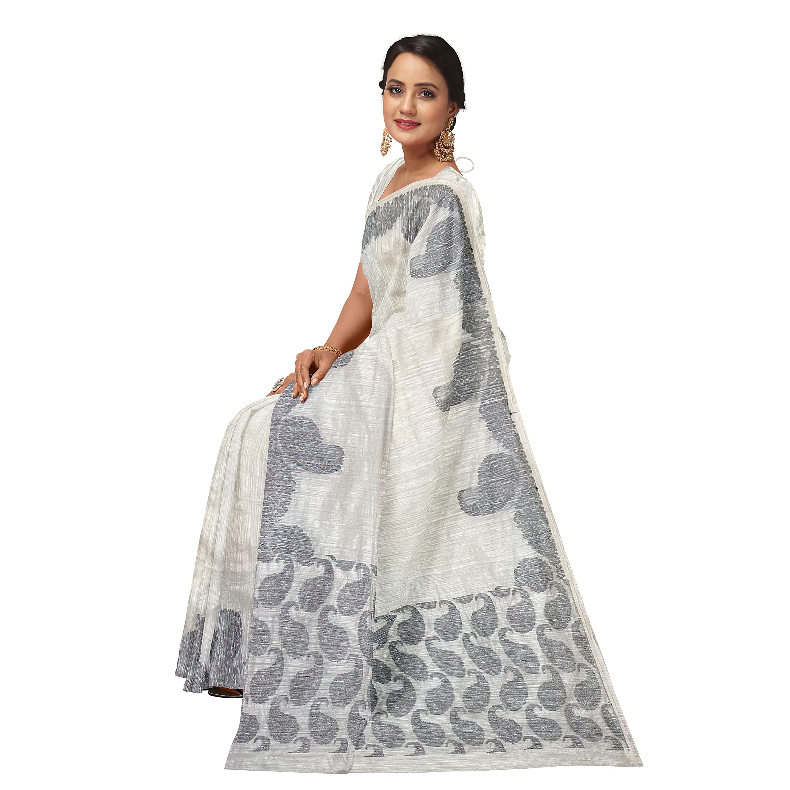 GUNGUN Womens White and Black Paisely Matka Saree - Image 4