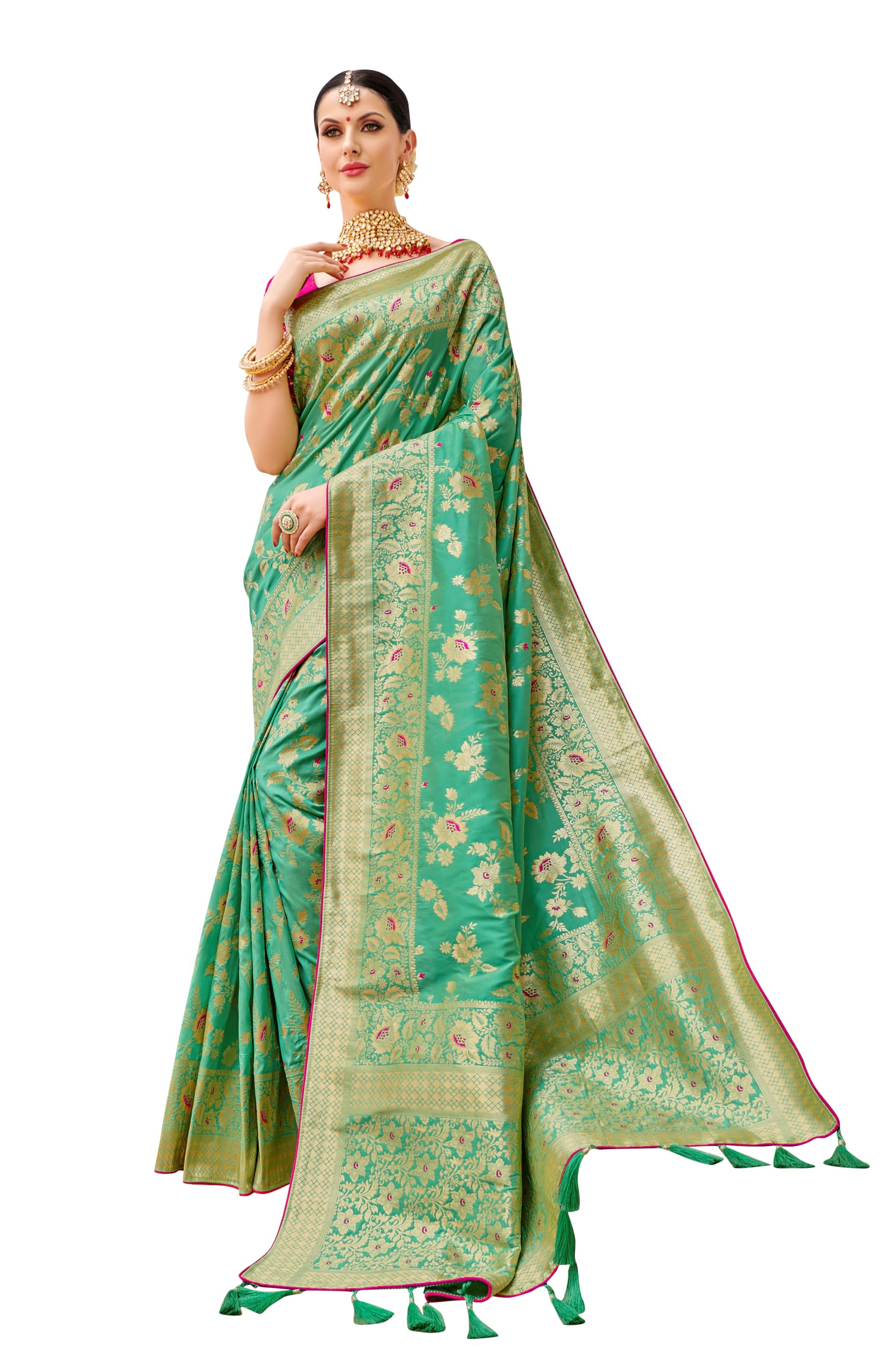 Monjolika Fashion Women's Woven Silk Saree With Blouse Piece (37769_Color_Light Green)