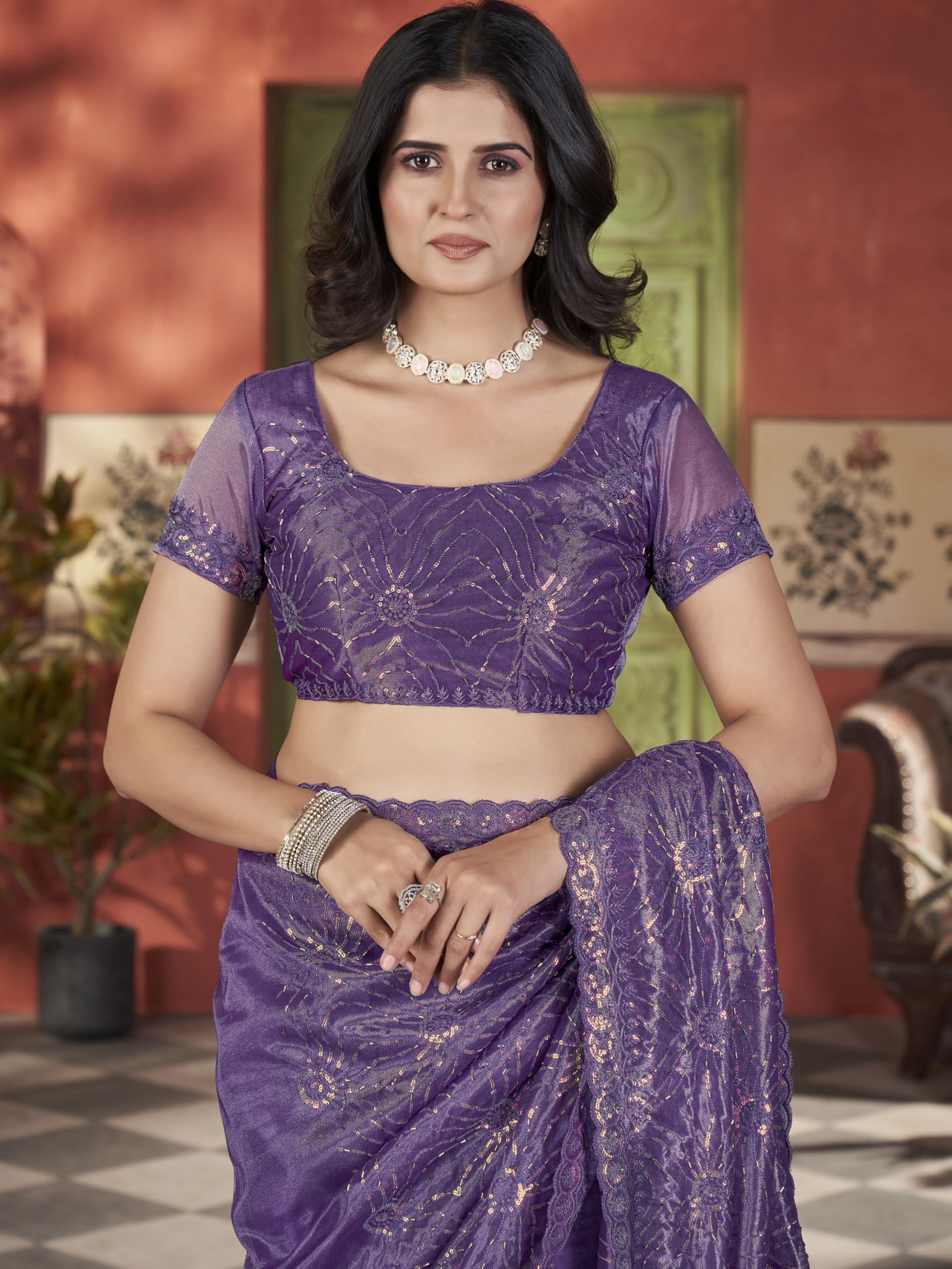 Vintro Tissue Net Embroidered Saree with Two-Tone Sequence & Thread Work - Image 2