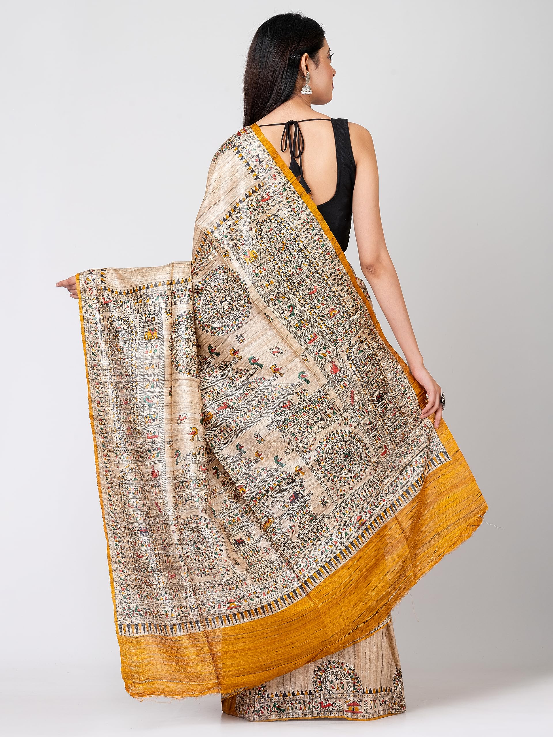 RACHBAI Tussar ghicha warli printed handwoven pure silk saree with Unstitch blouse & silk mark certified (beige, mustard & multicolore) - Image 5